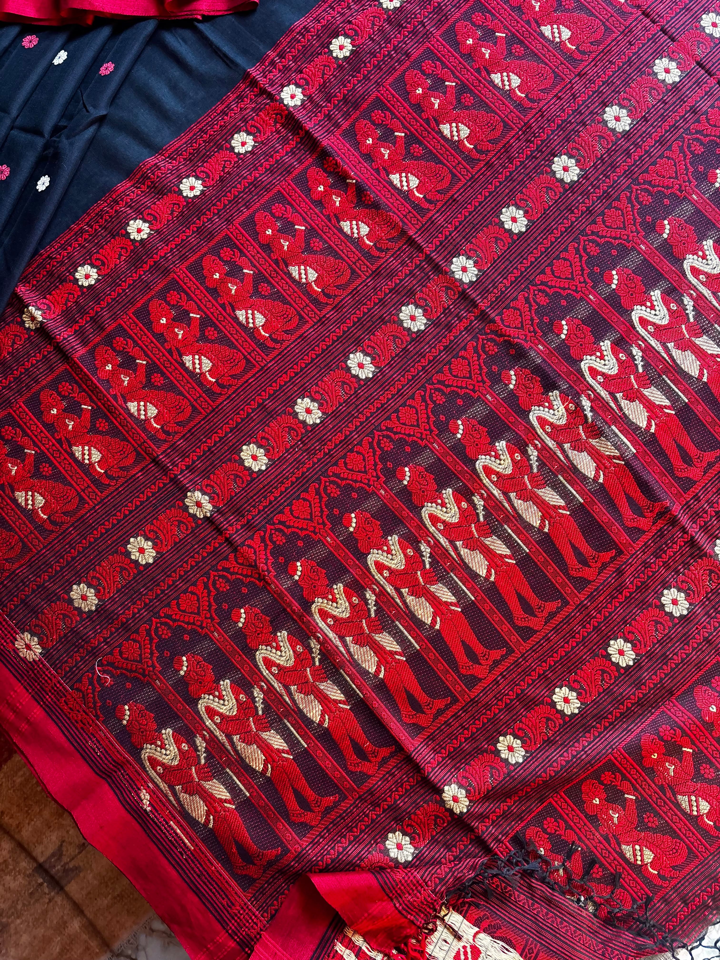 Handwoven Black Red Cotton Baluchari Saree