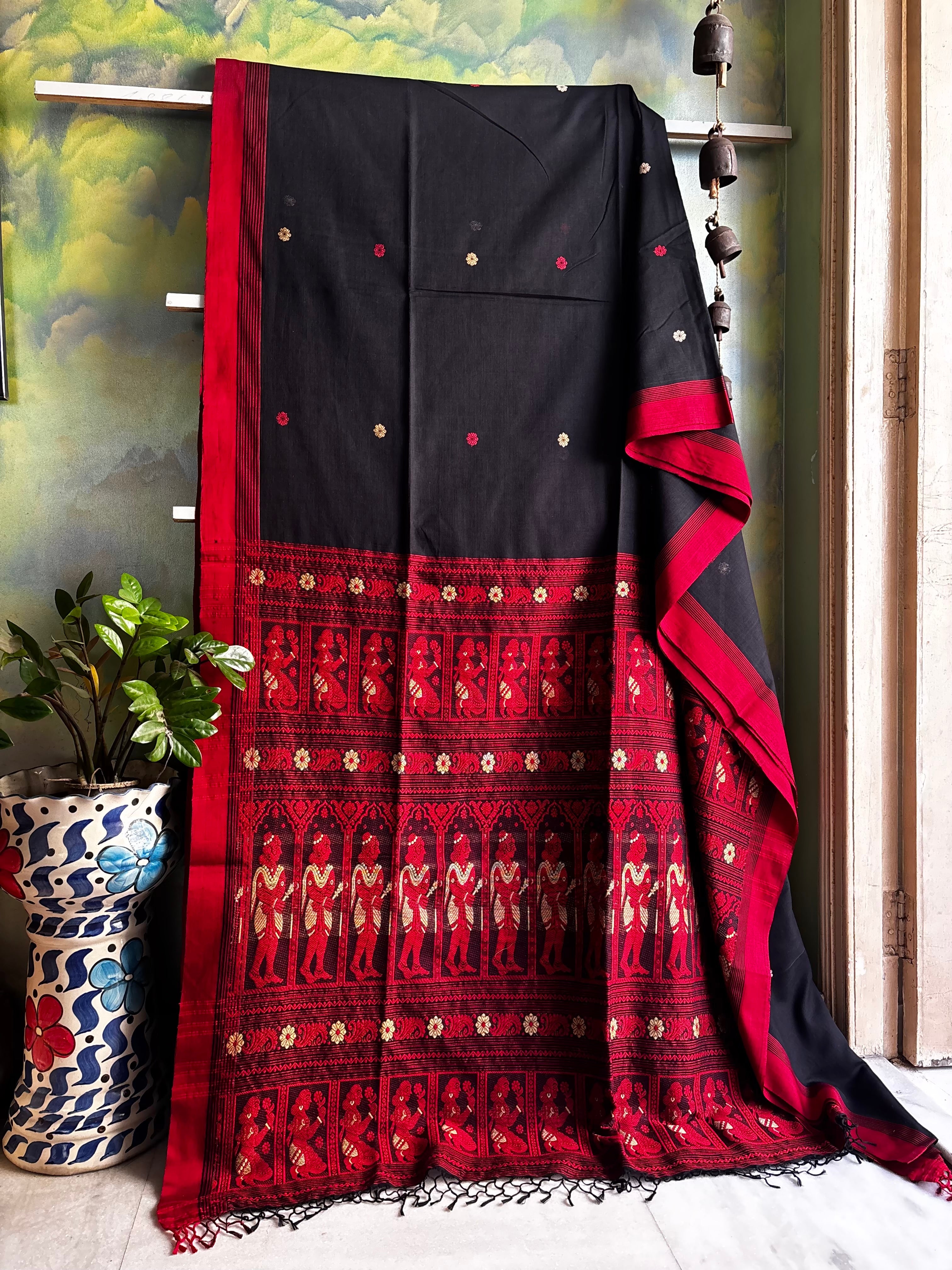 Handwoven Black Red Cotton Baluchari Saree
