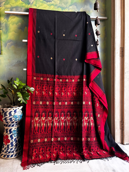 Handwoven Black Red Cotton Baluchari Saree