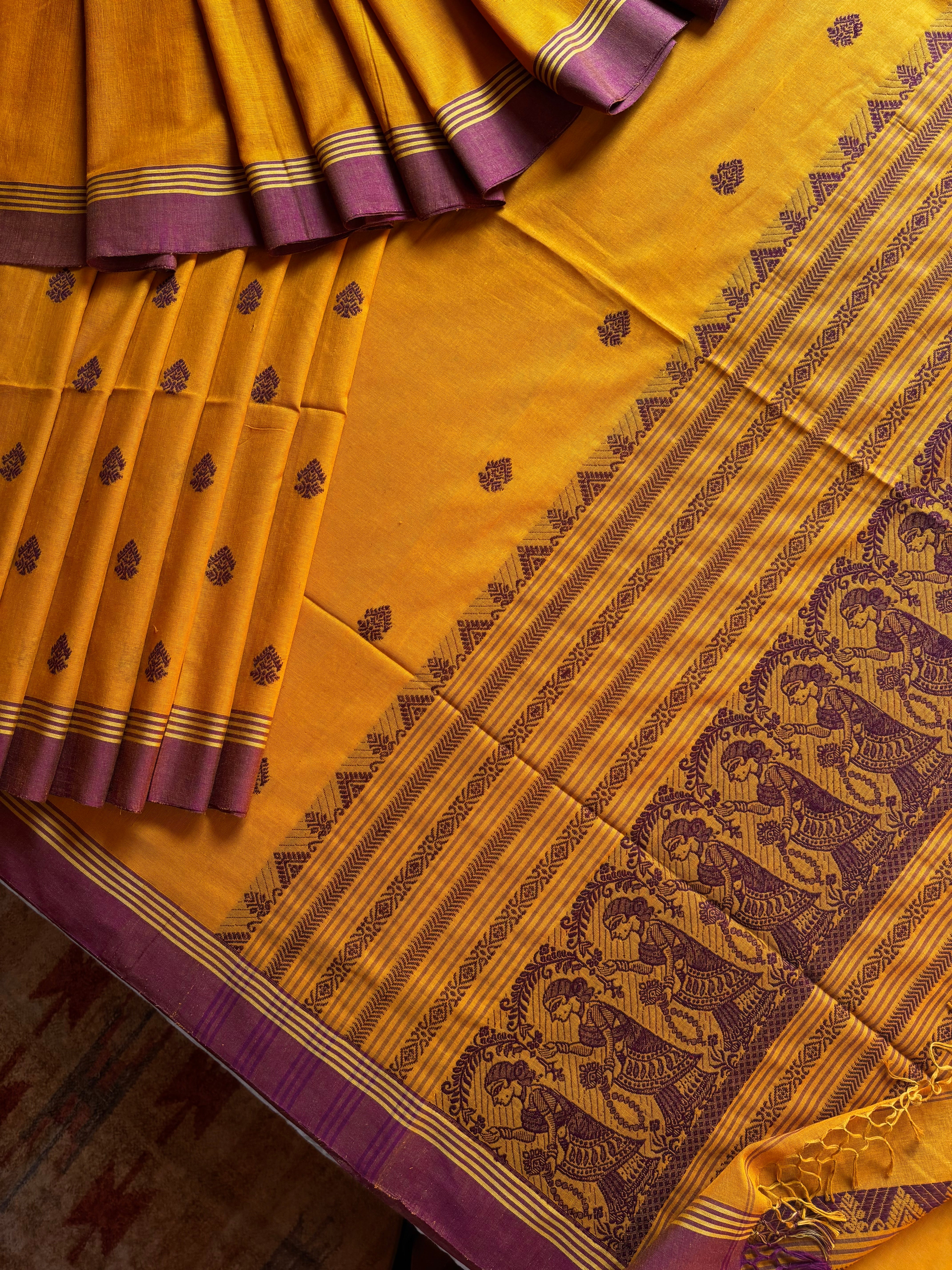Handwoven Mustard Yellow Cotton Baluchari Saree
