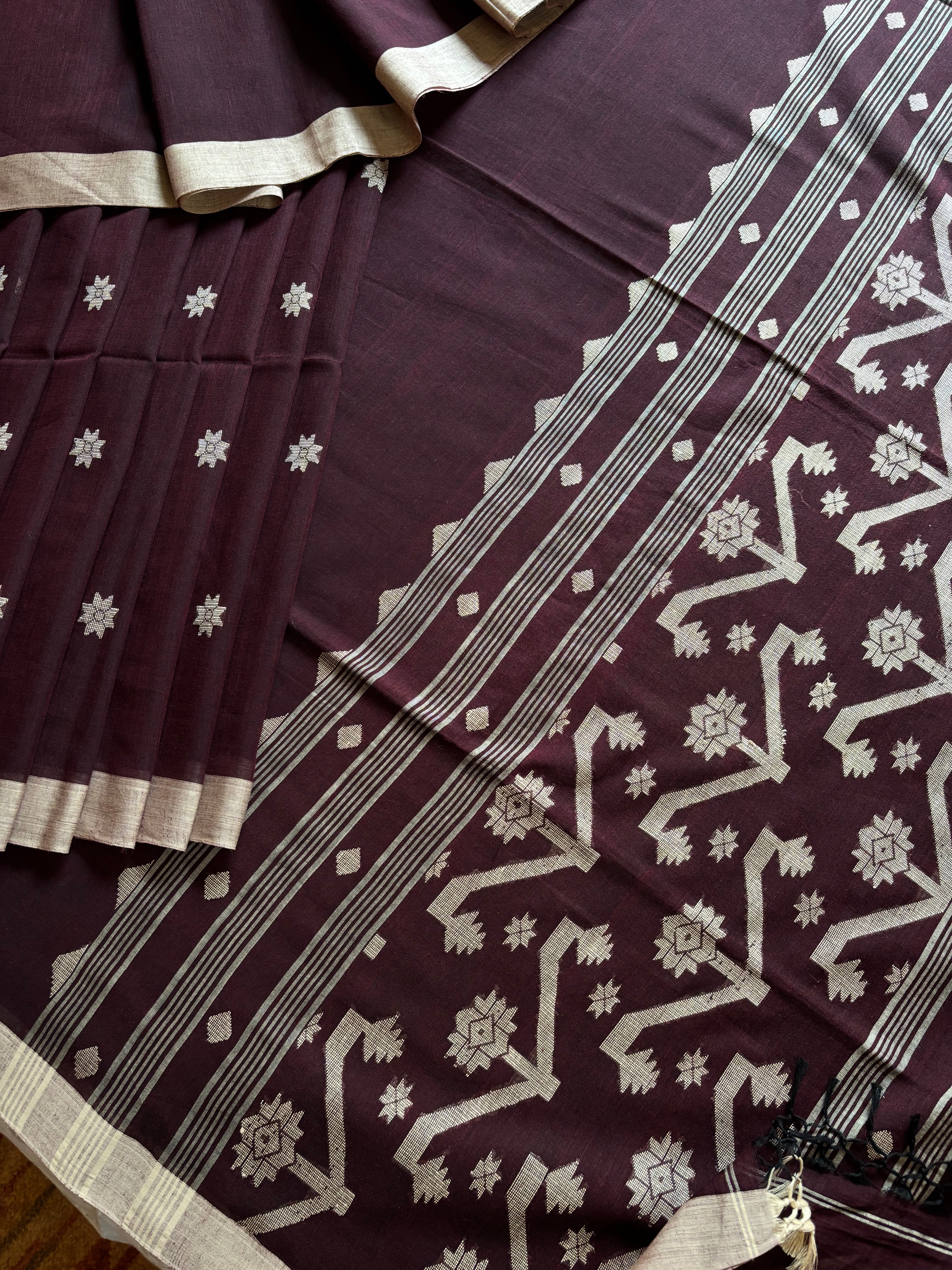 Dark Plum Colour Cotton Jamdani