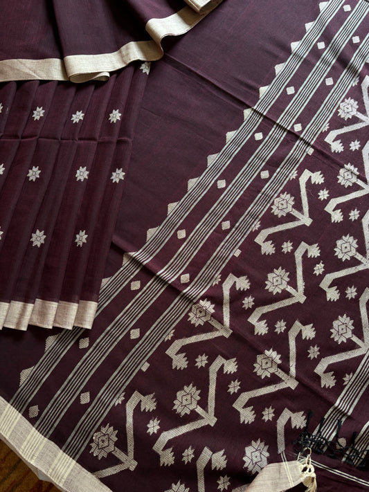 Dark Plum Colour Cotton Jamdani
