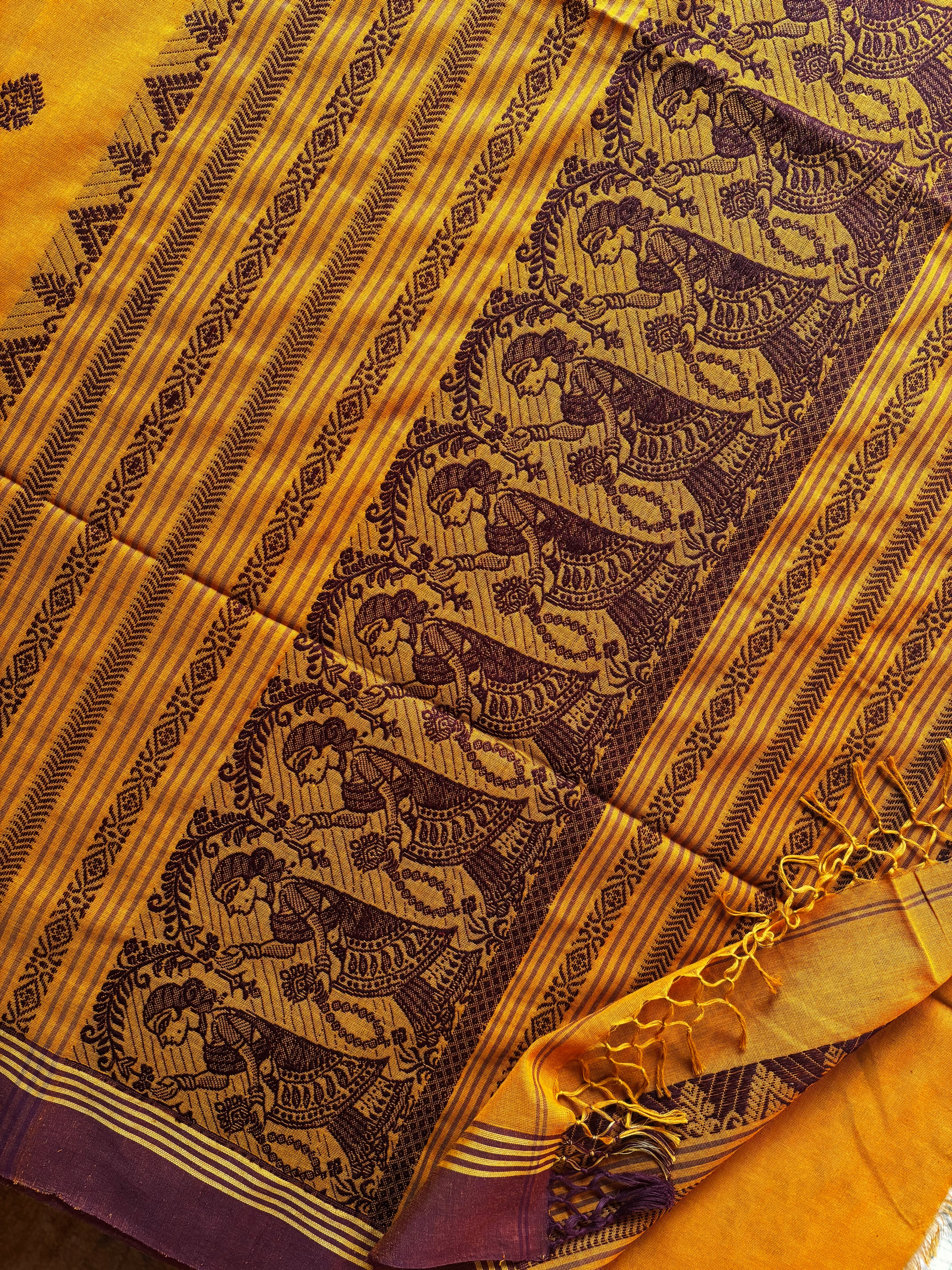 Handwoven Mustard Yellow Cotton Baluchari Saree