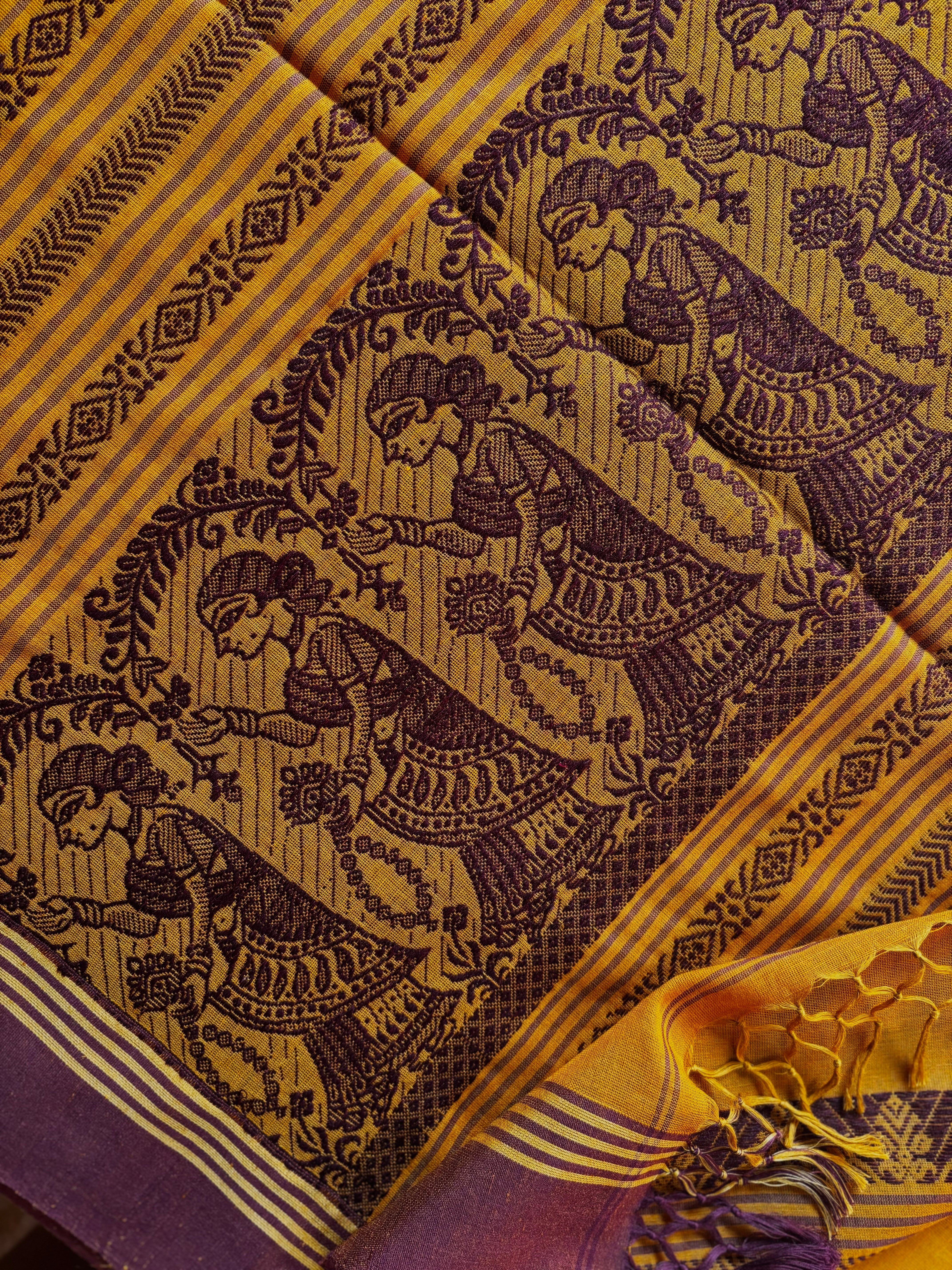 Handwoven Mustard Yellow Cotton Baluchari Saree