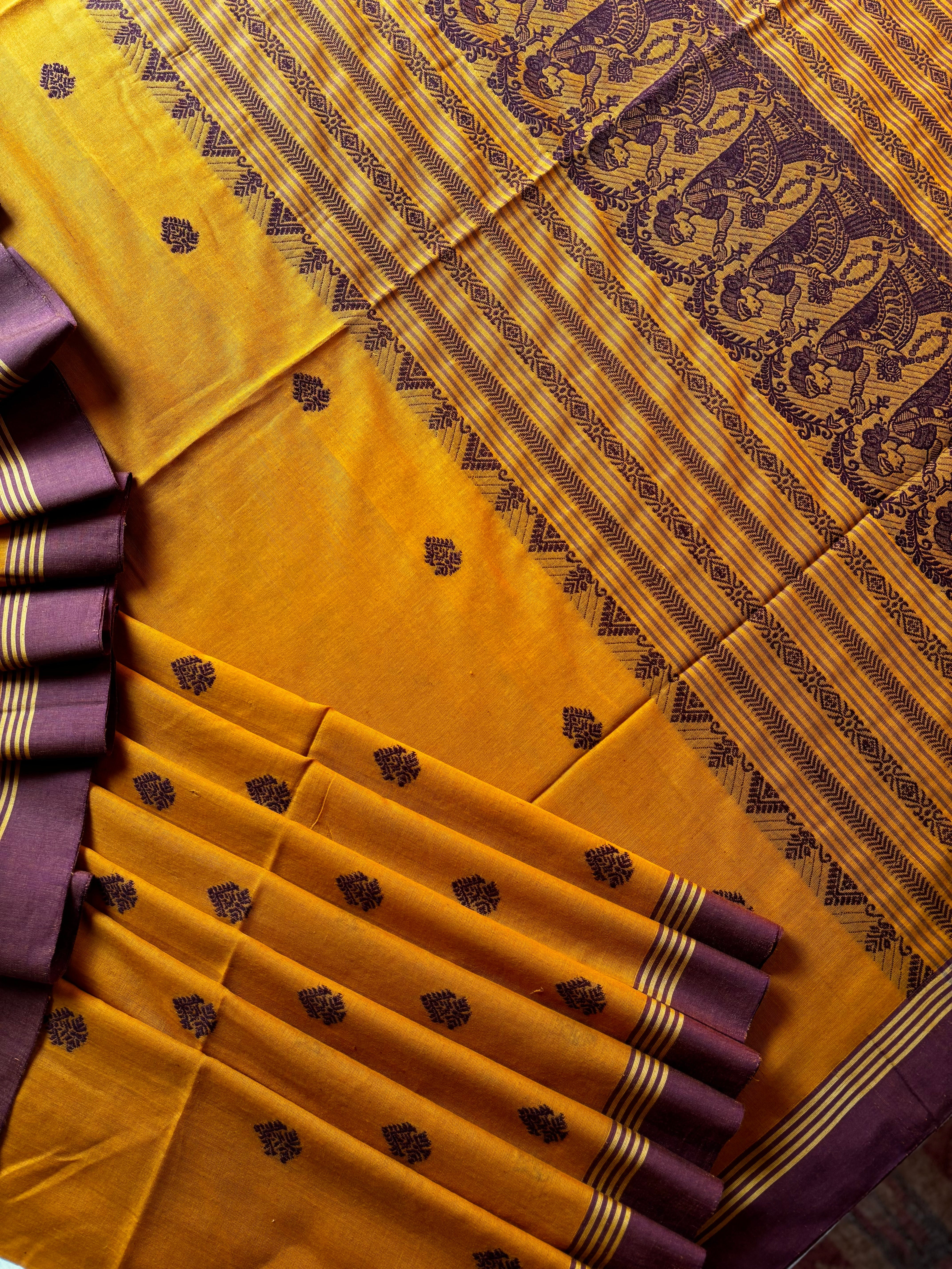 Handwoven Mustard Yellow Cotton Baluchari Saree