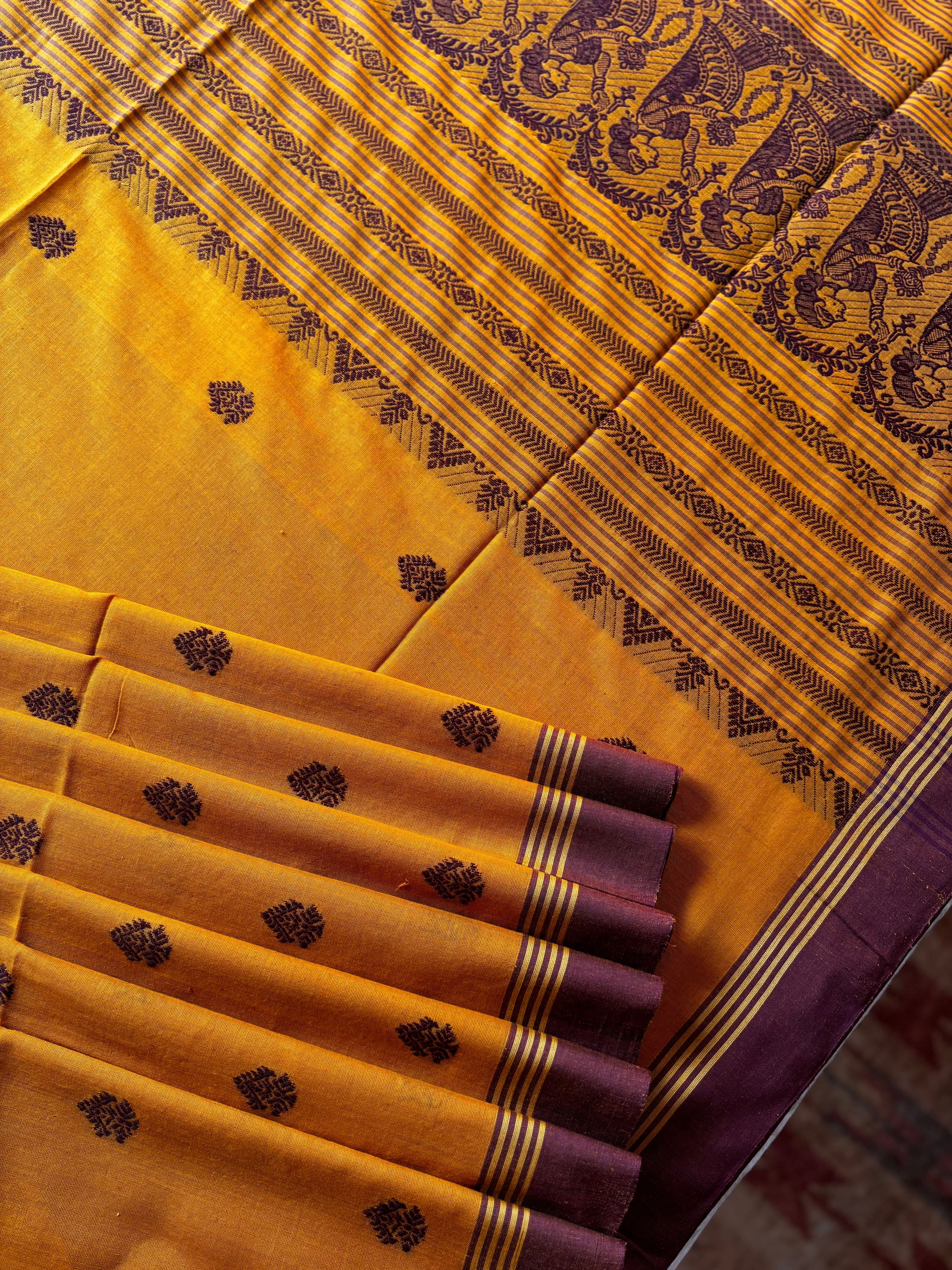 Handwoven Mustard Yellow Cotton Baluchari Saree