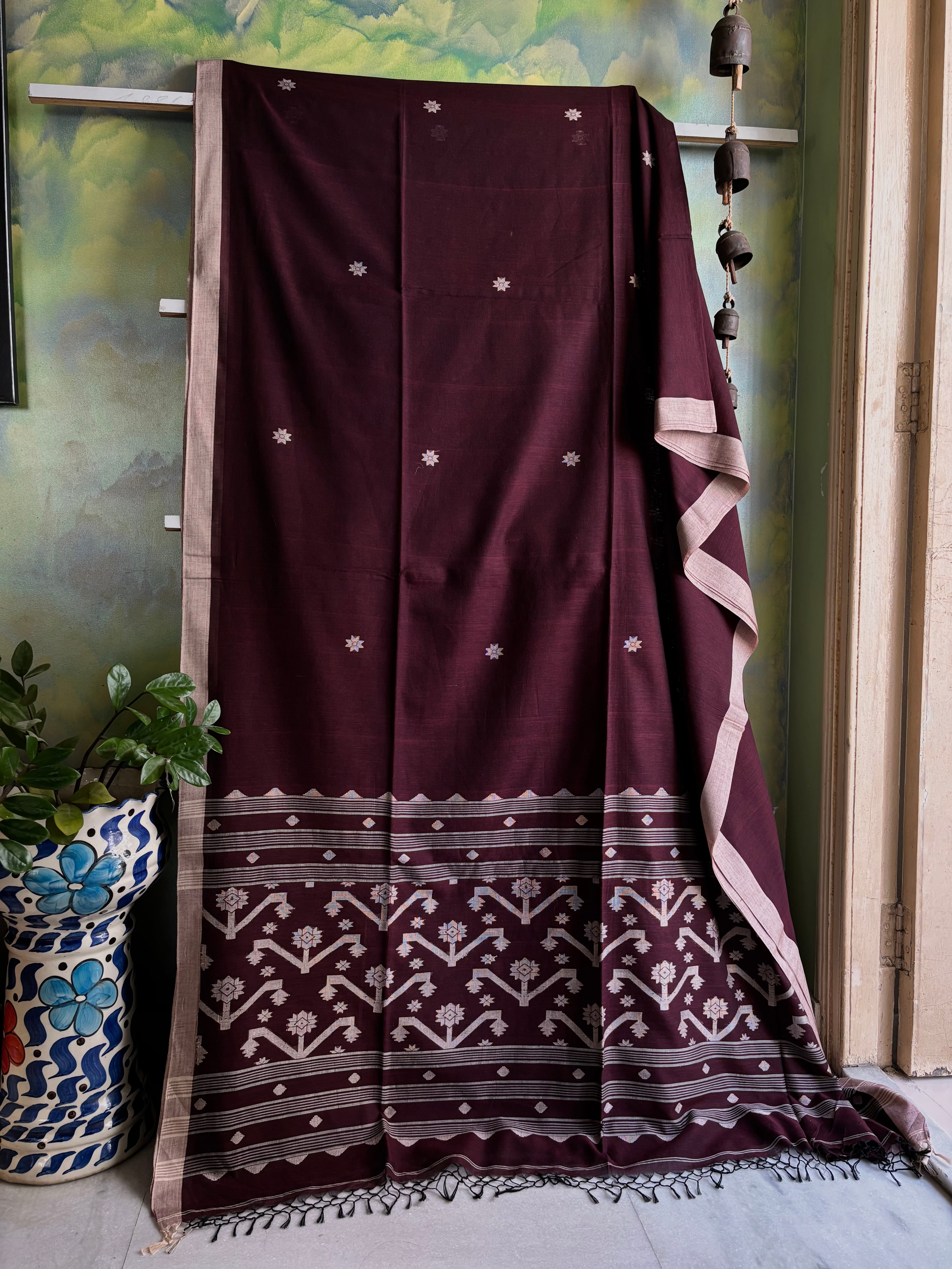 Dark Plum Colour Cotton Jamdani