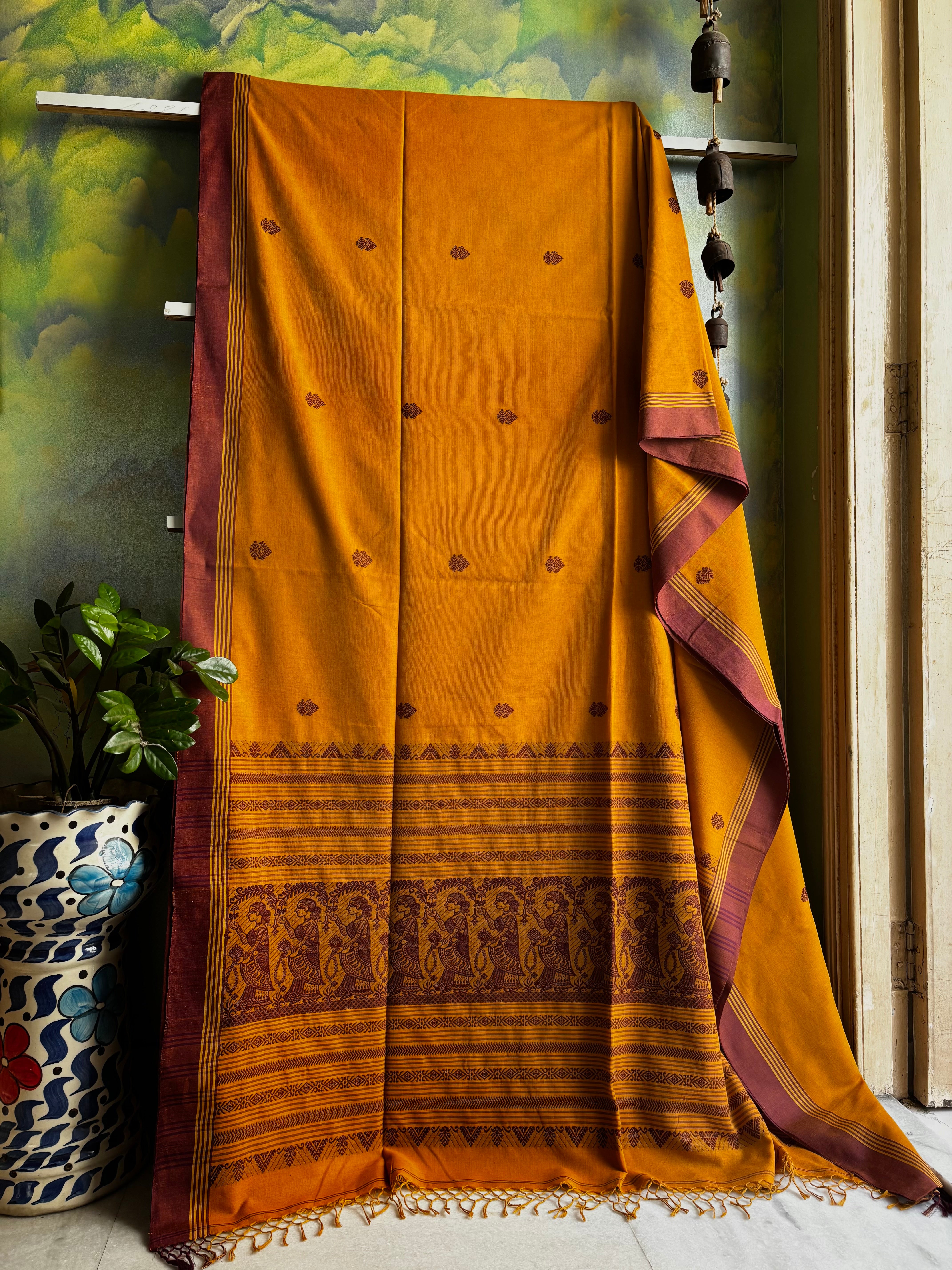 Handwoven Mustard Yellow Cotton Baluchari Saree