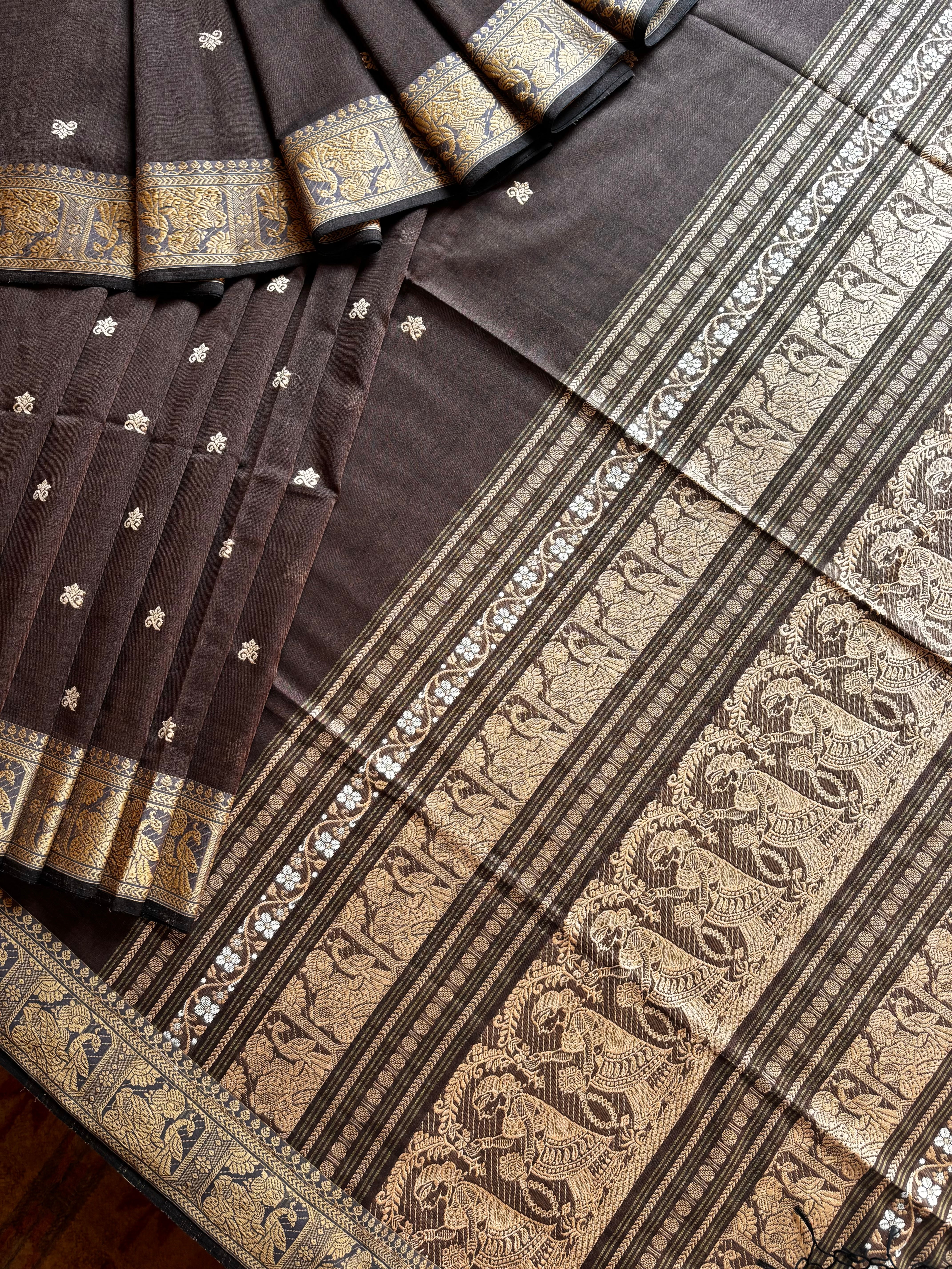 Handwoven Brown Colour Cotton Baluchari Saree