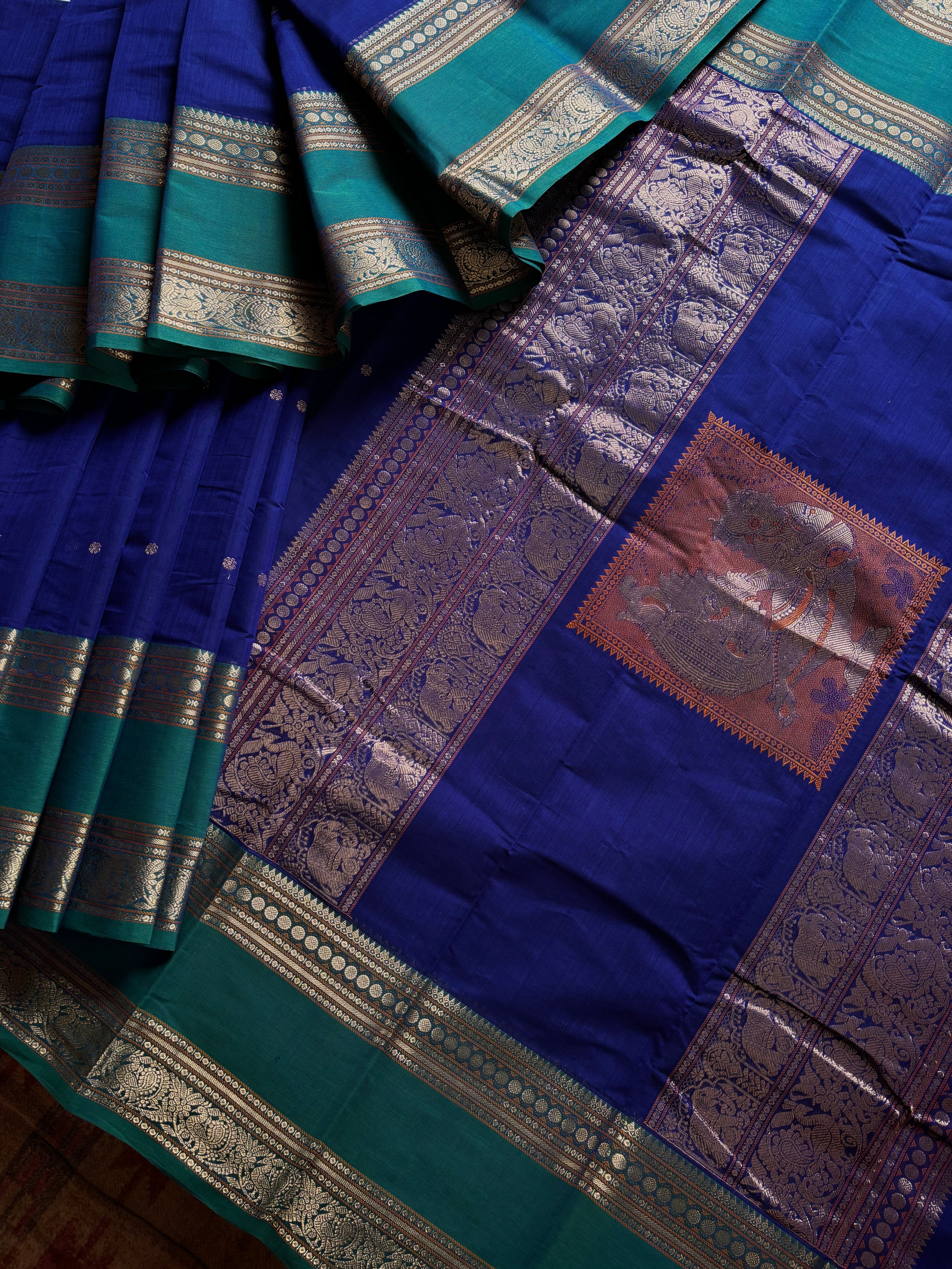 Handwoven Bright Blue Colour Kanchipuram Cotton Saree