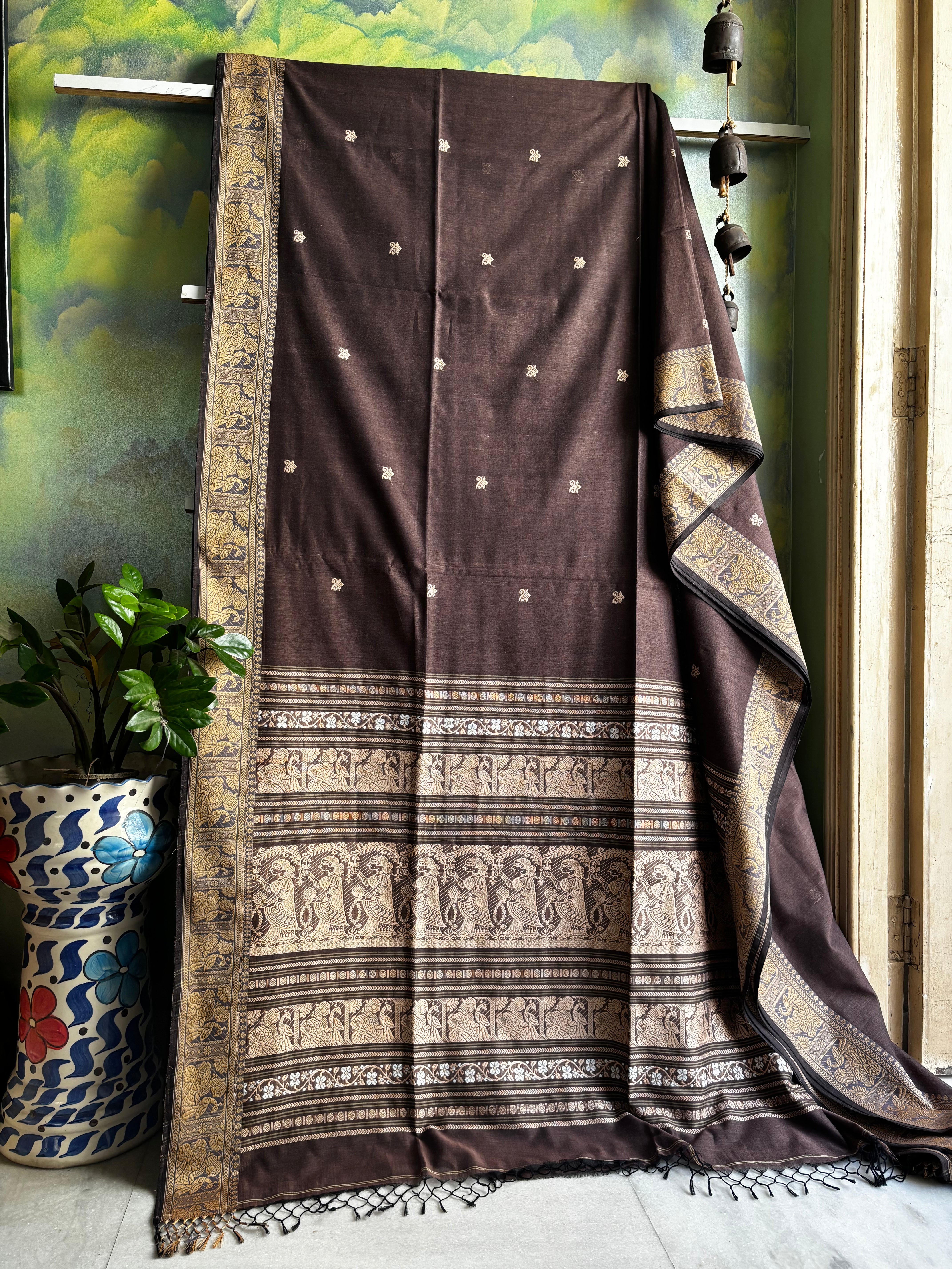 Handwoven Brown Colour Cotton Baluchari Saree