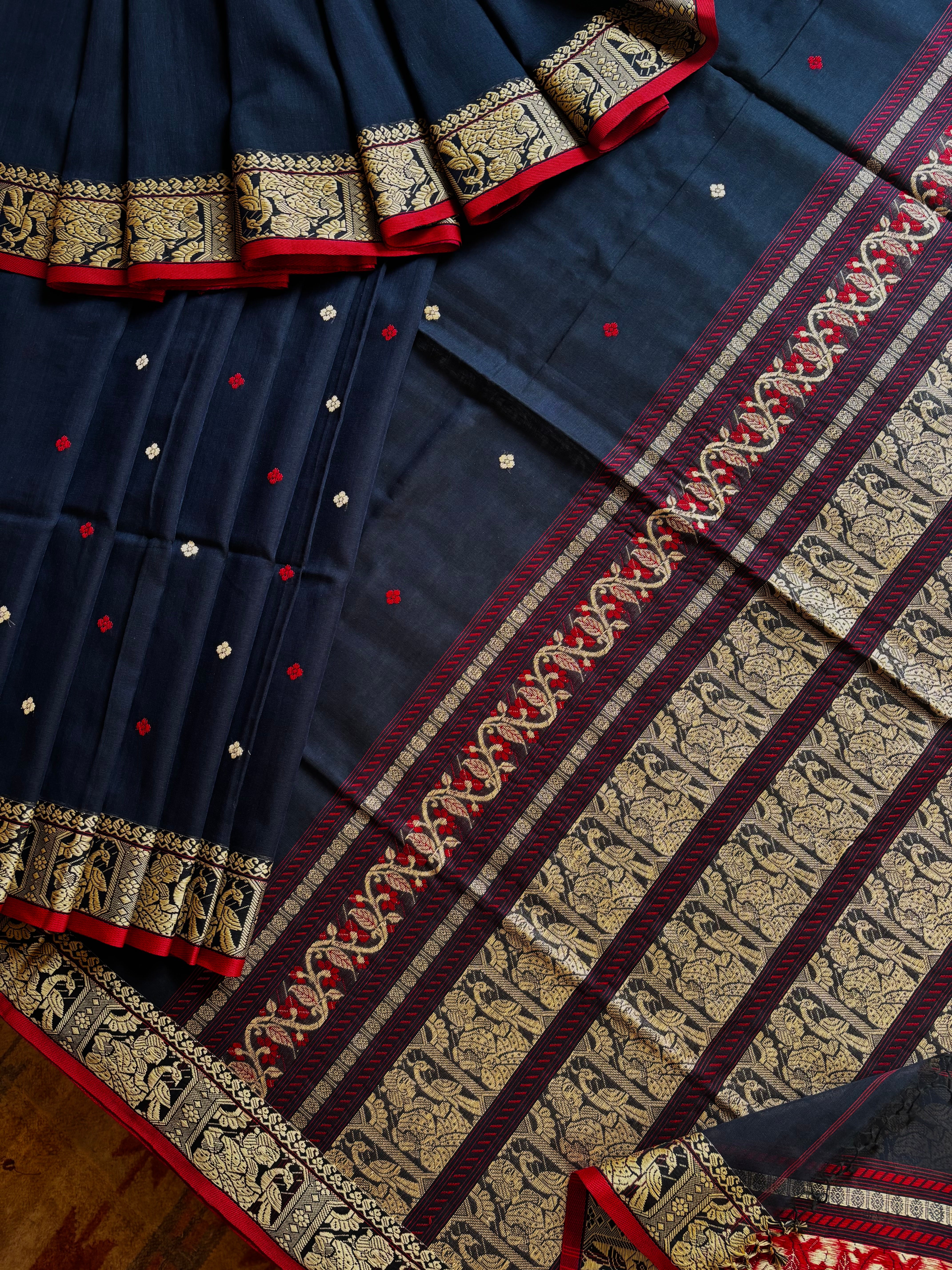 Handwoven Navy Cotton Baluchari Saree
