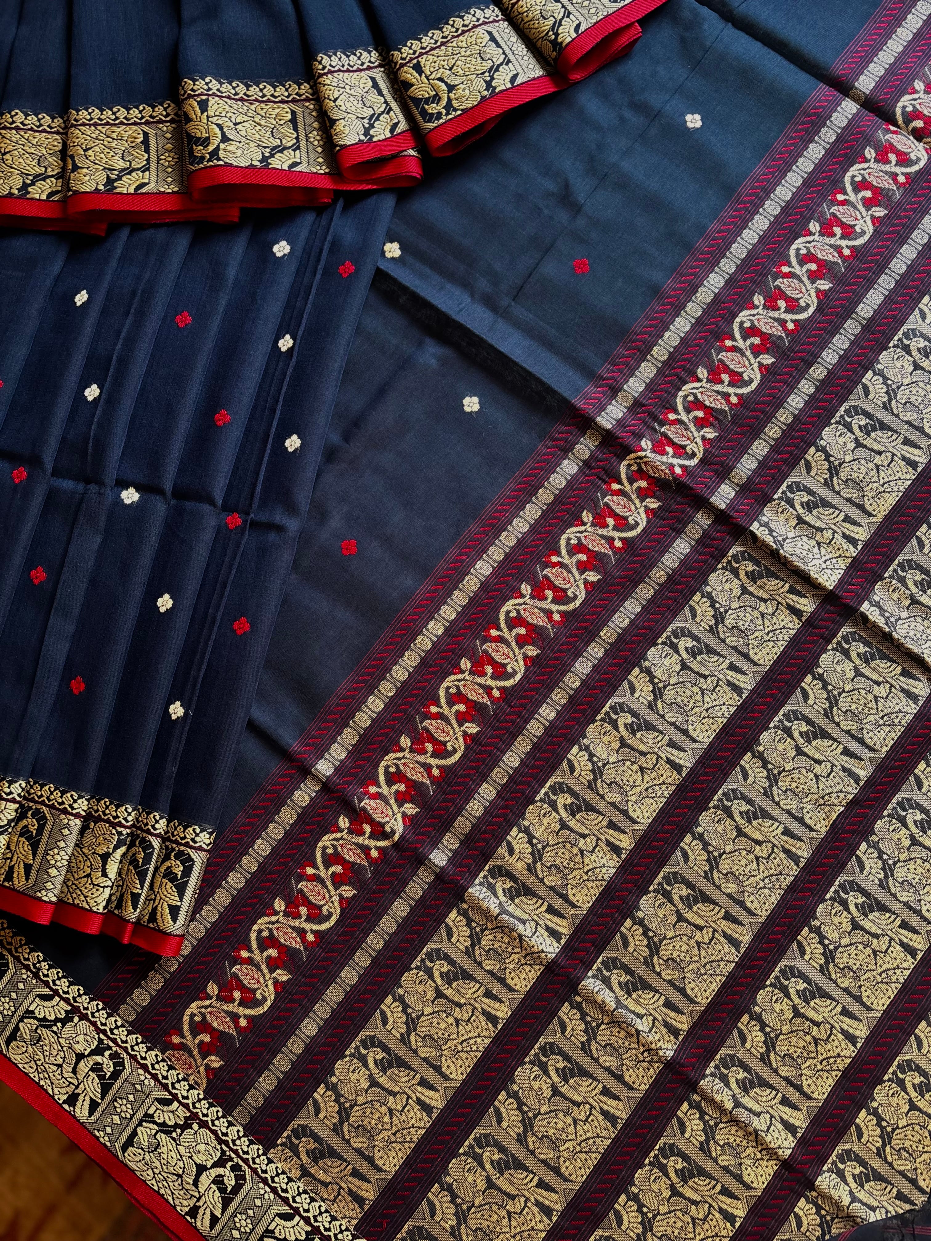 Handwoven Navy Cotton Baluchari Saree