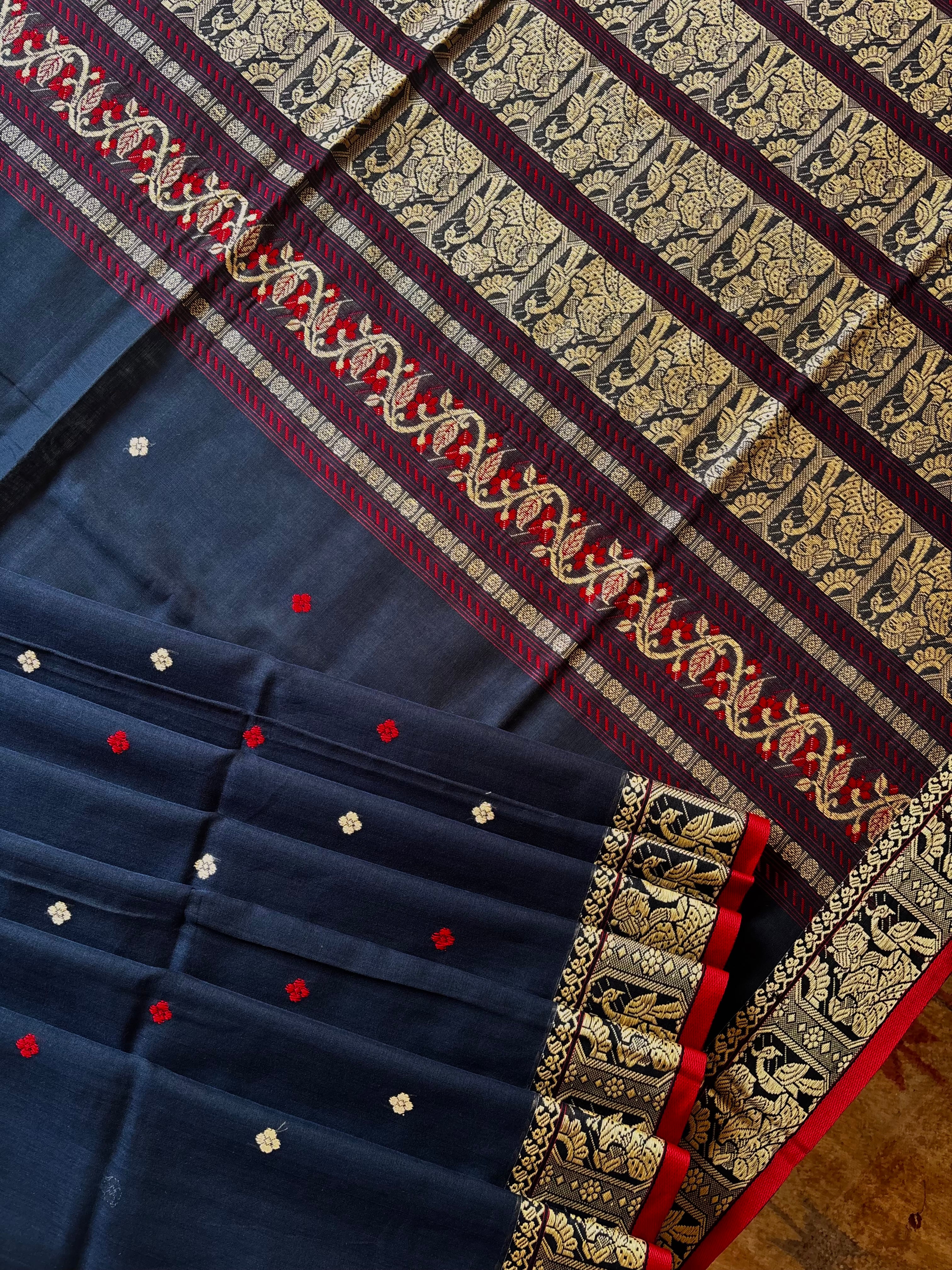 Handwoven Navy Cotton Baluchari Saree