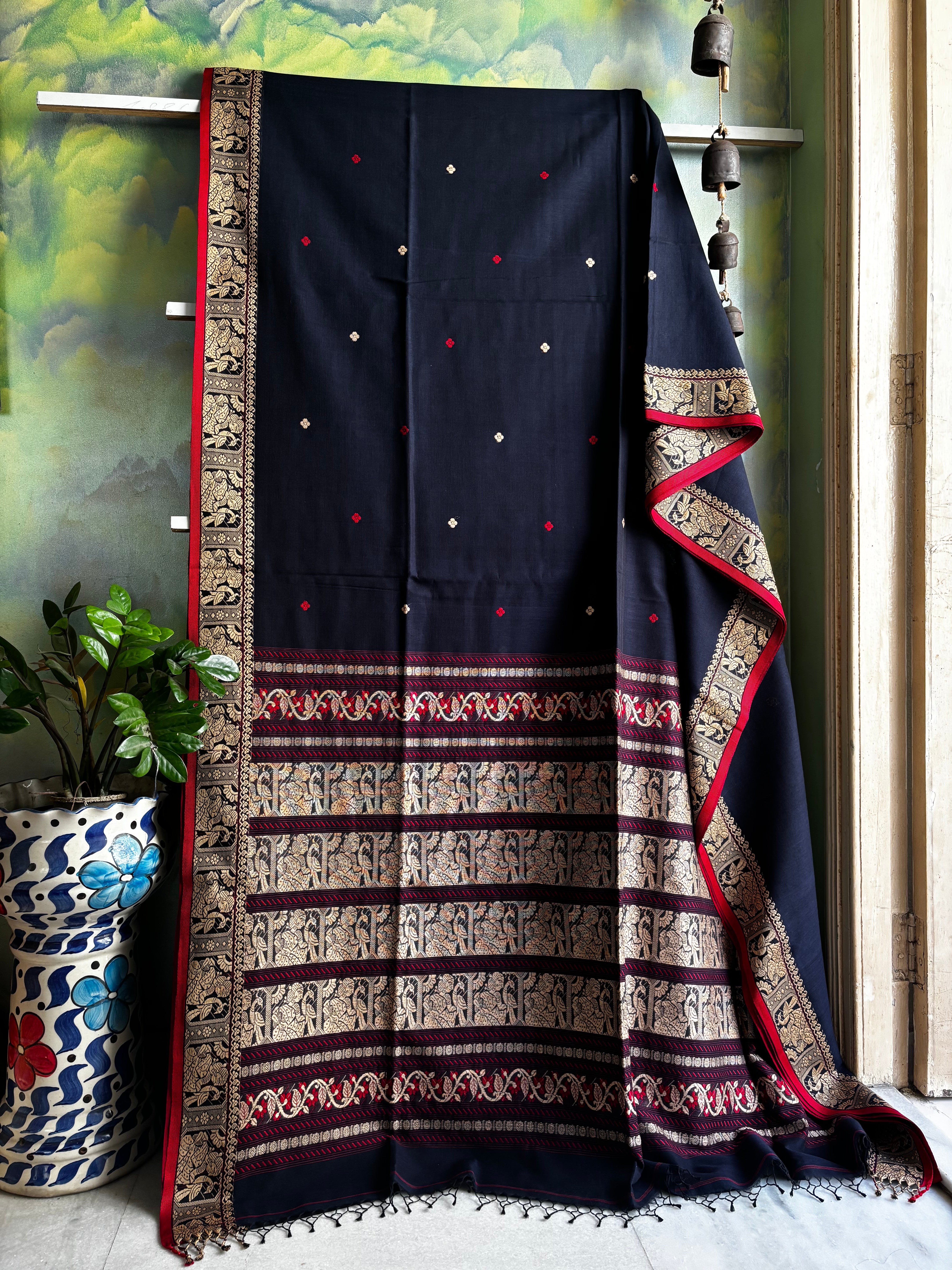 Handwoven Navy Cotton Baluchari Saree