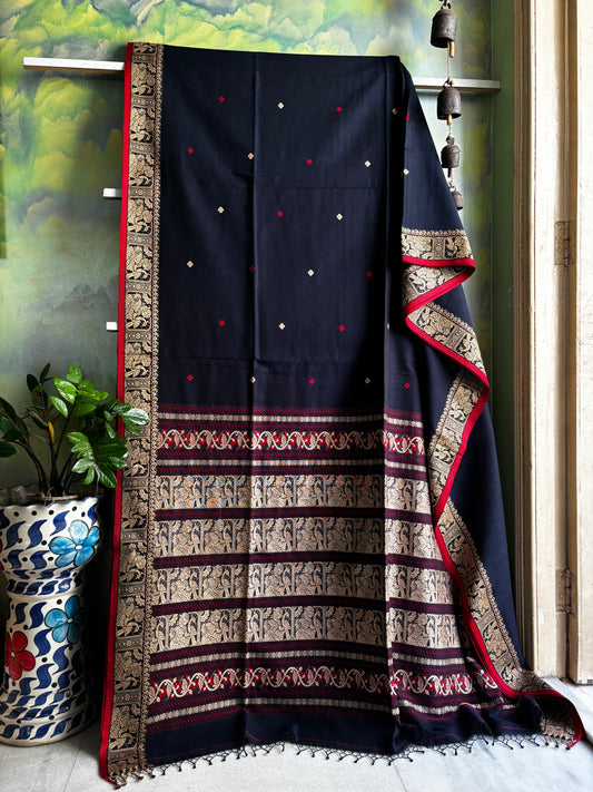 Handwoven Navy Cotton Baluchari Saree