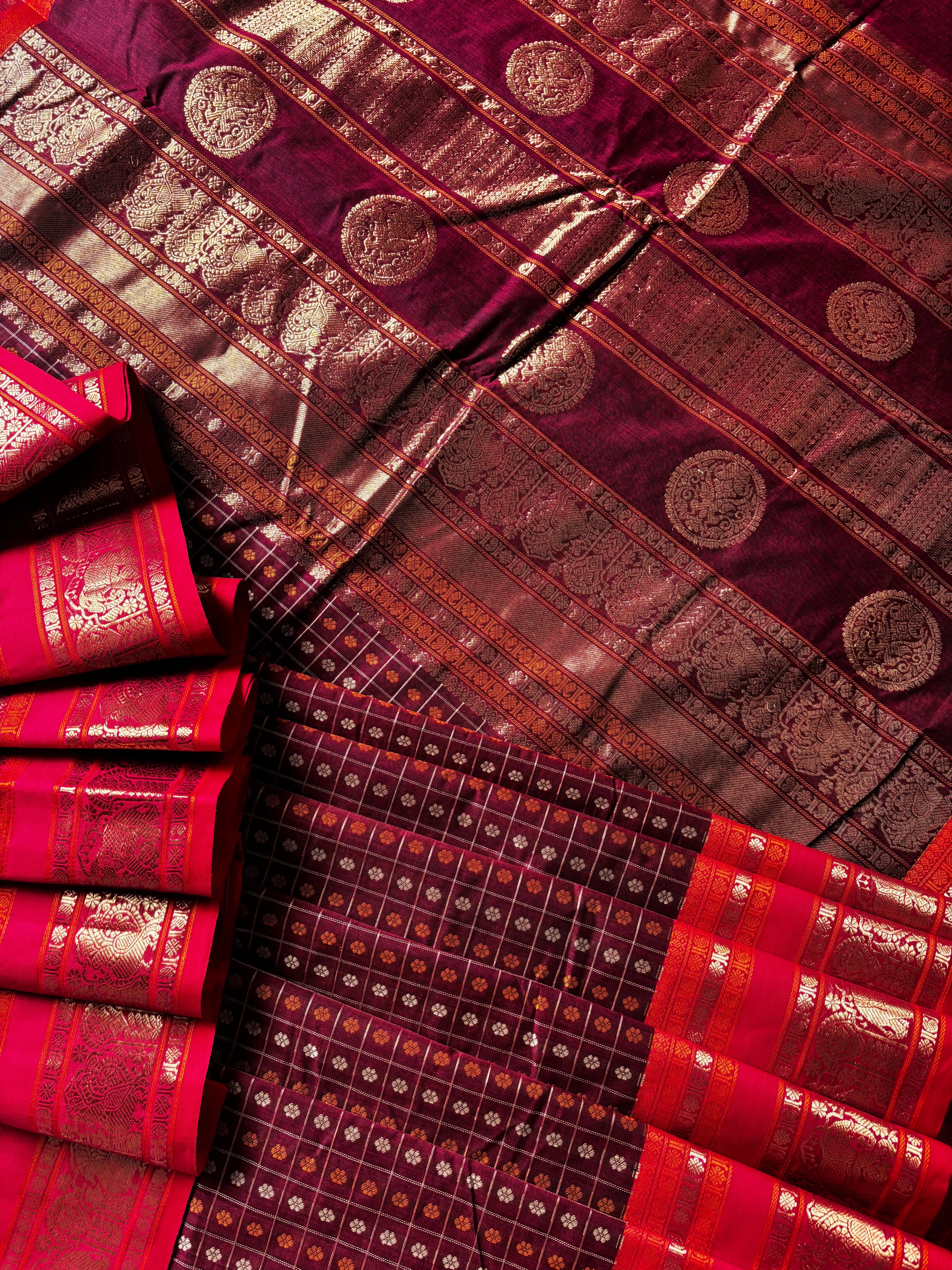 Handwoven Garnet Colour Ayirum Butta Kanchipuram Cotton Saree