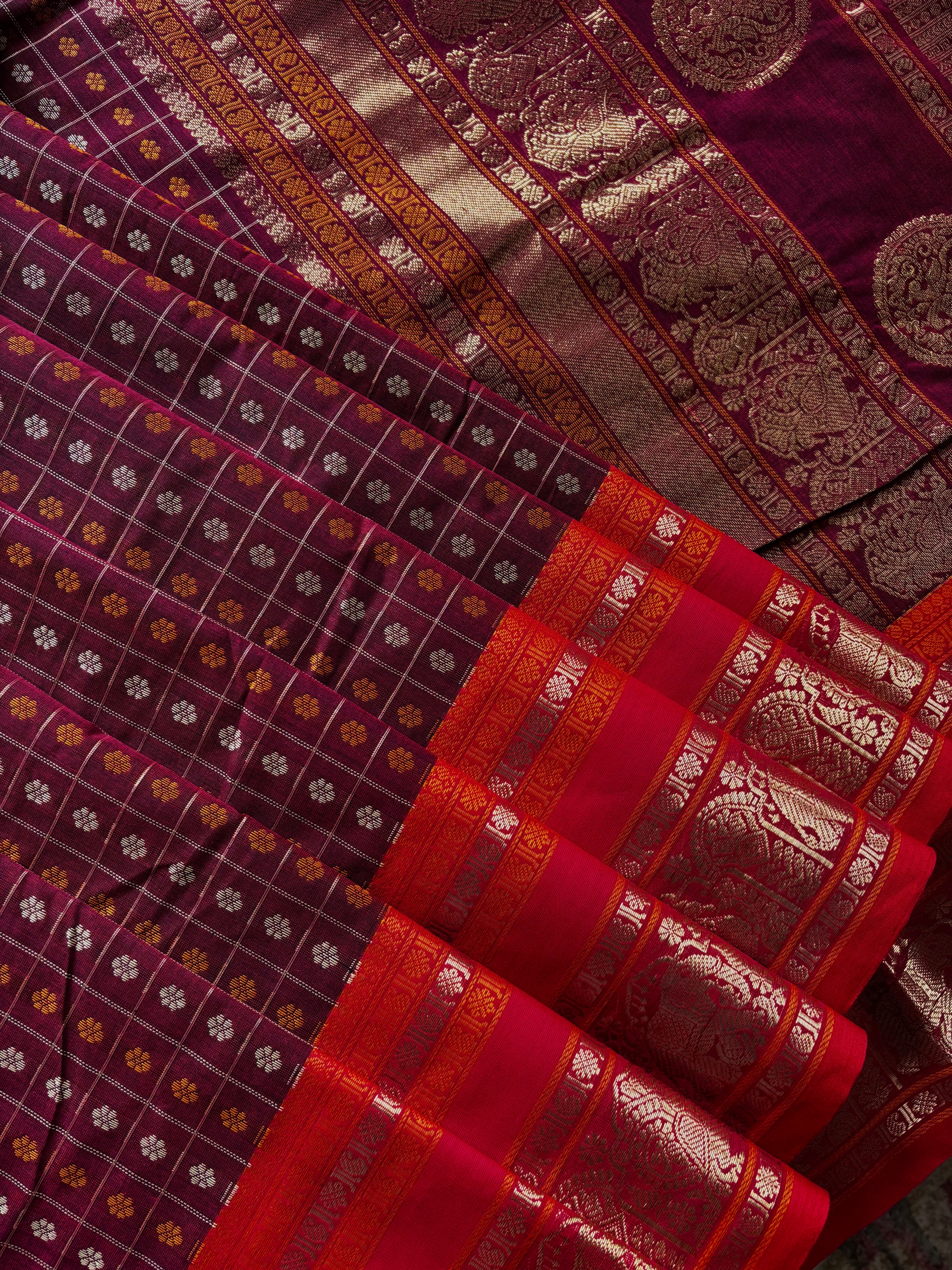 Handwoven Garnet Colour Ayirum Butta Kanchipuram Cotton Saree