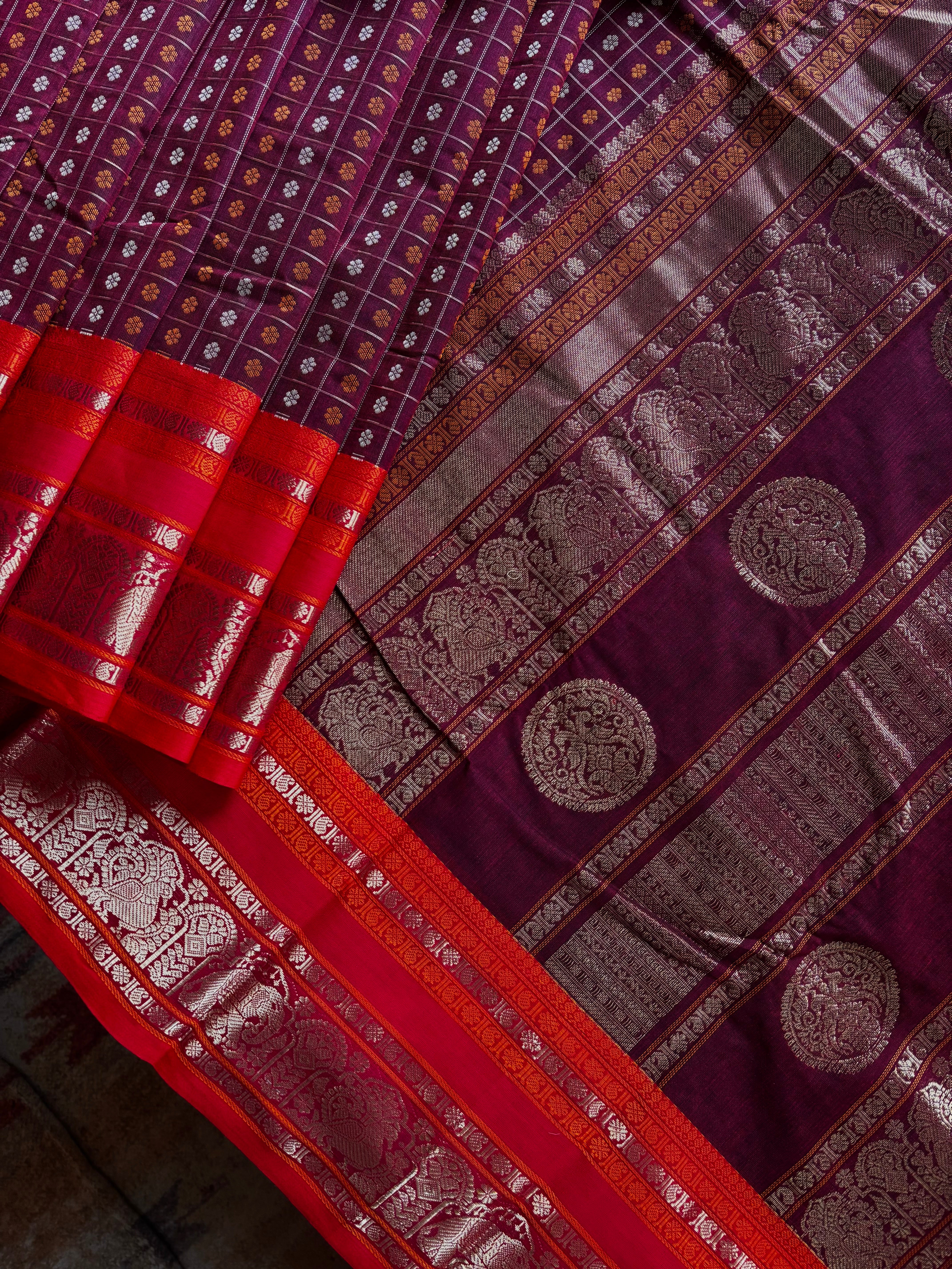 Handwoven Garnet Colour Ayirum Butta Kanchipuram Cotton Saree