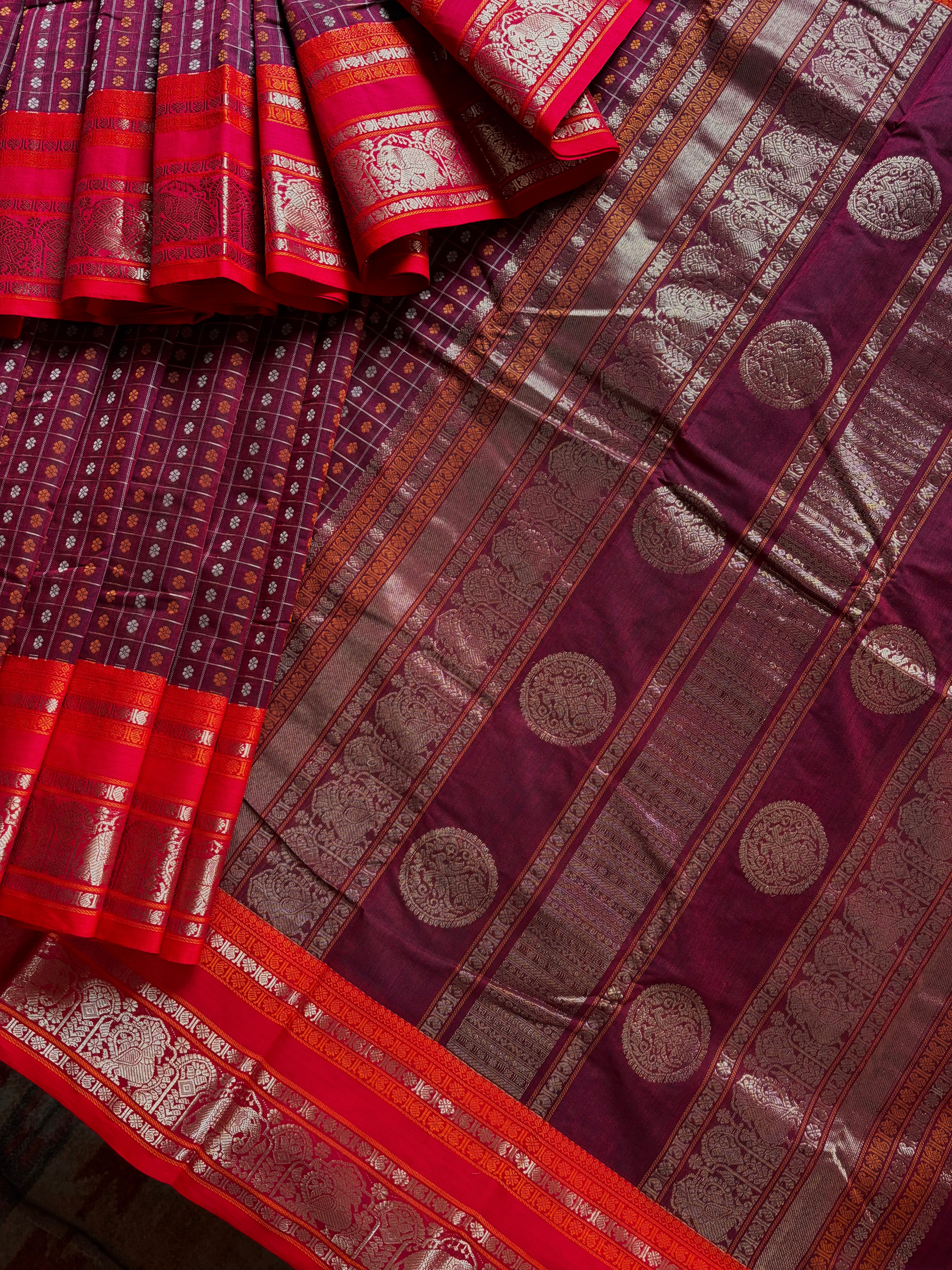 Handwoven Garnet Colour Ayirum Butta Kanchipuram Cotton Saree