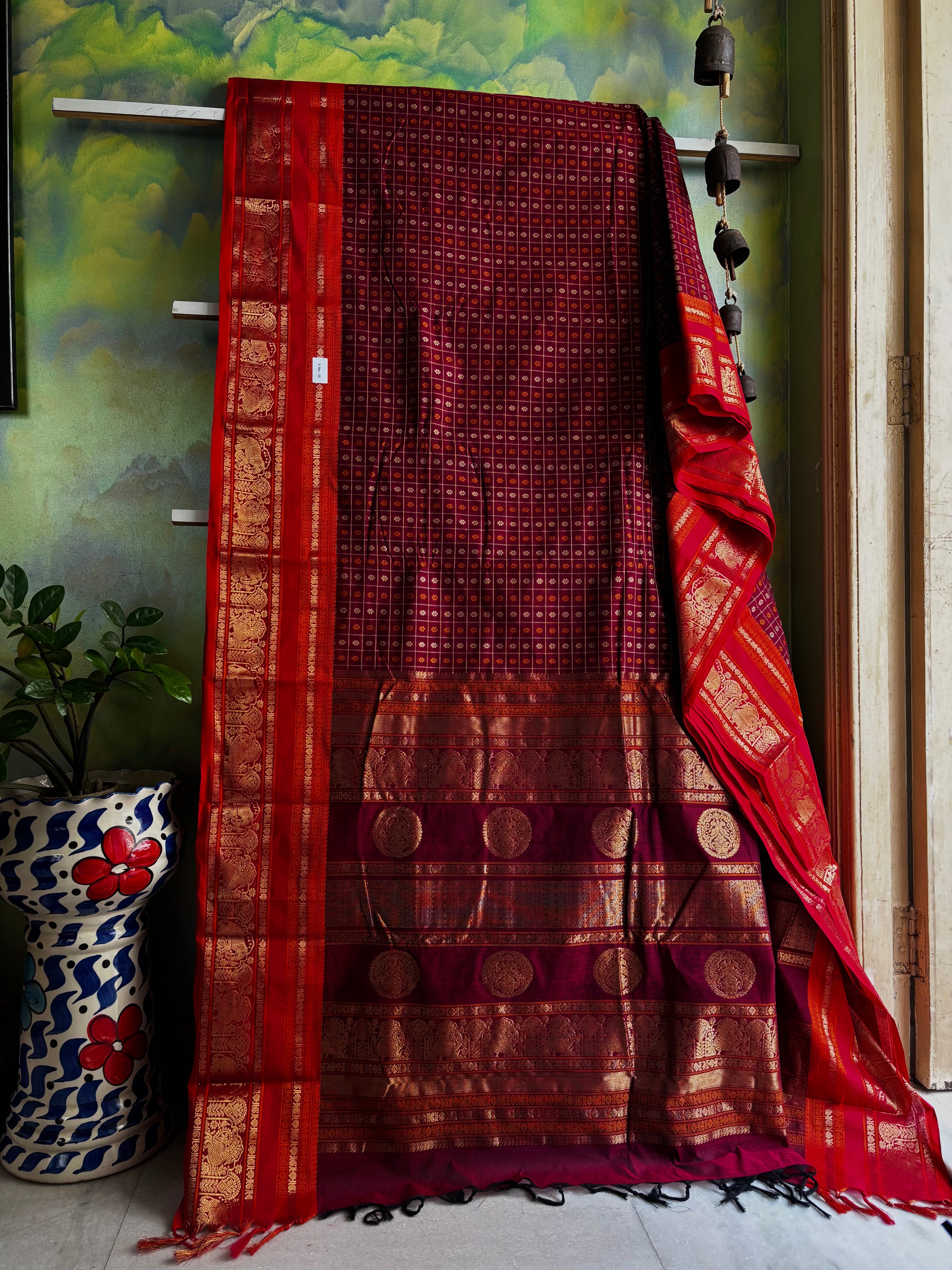 Handwoven Garnet Colour Ayirum Butta Kanchipuram Cotton Saree