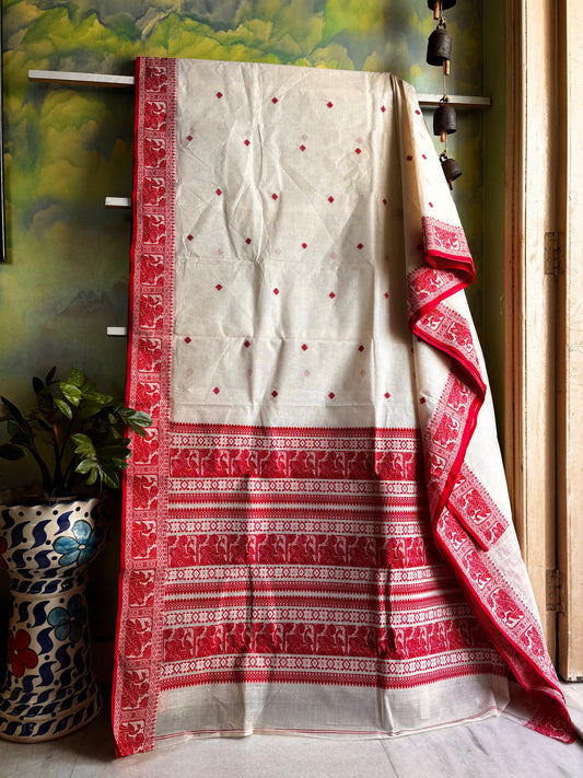Handwoven Creamish White Red Cotton Baluchari Saree