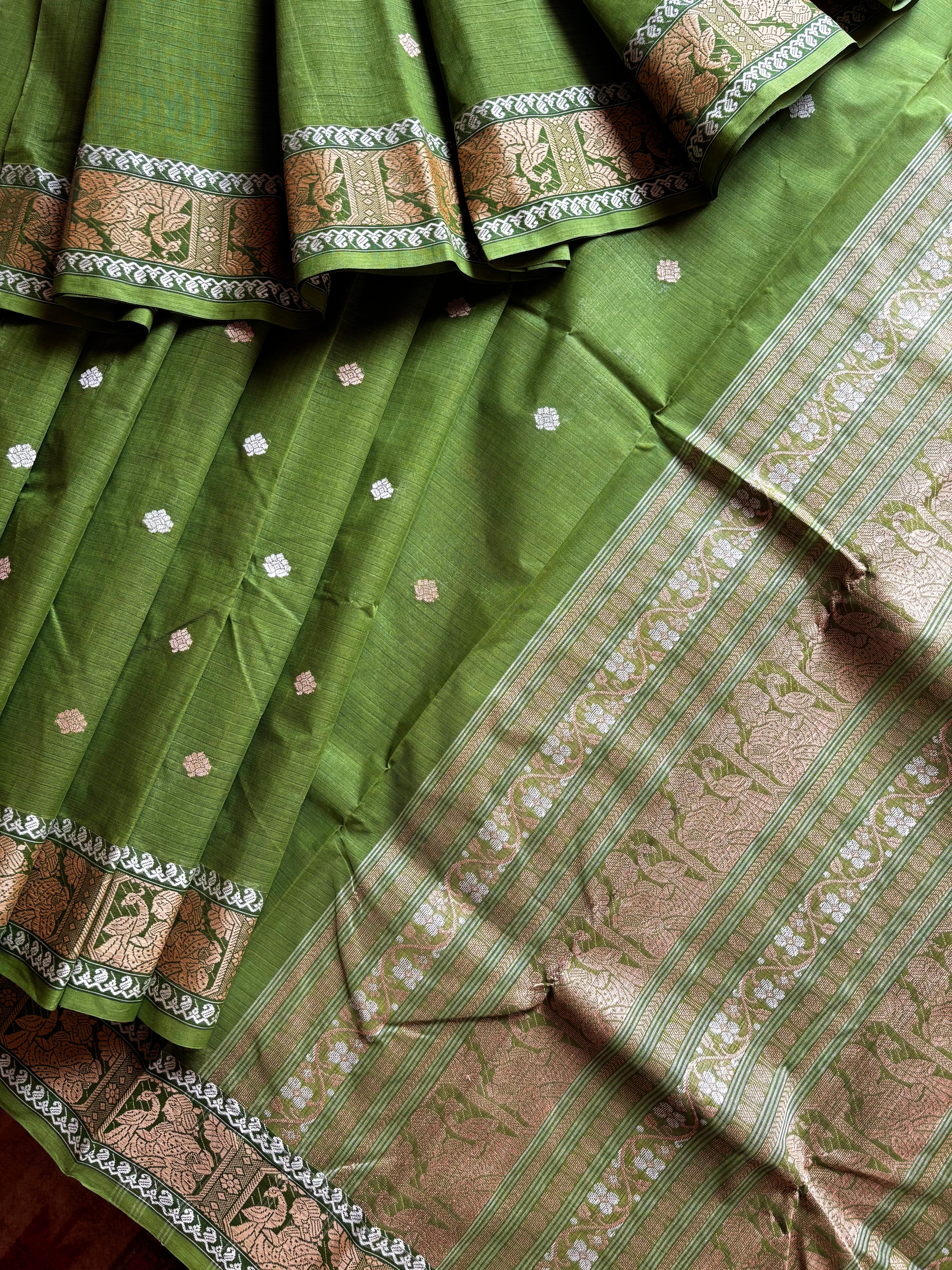 Handwoven Green Beige Cotton Baluchari Saree