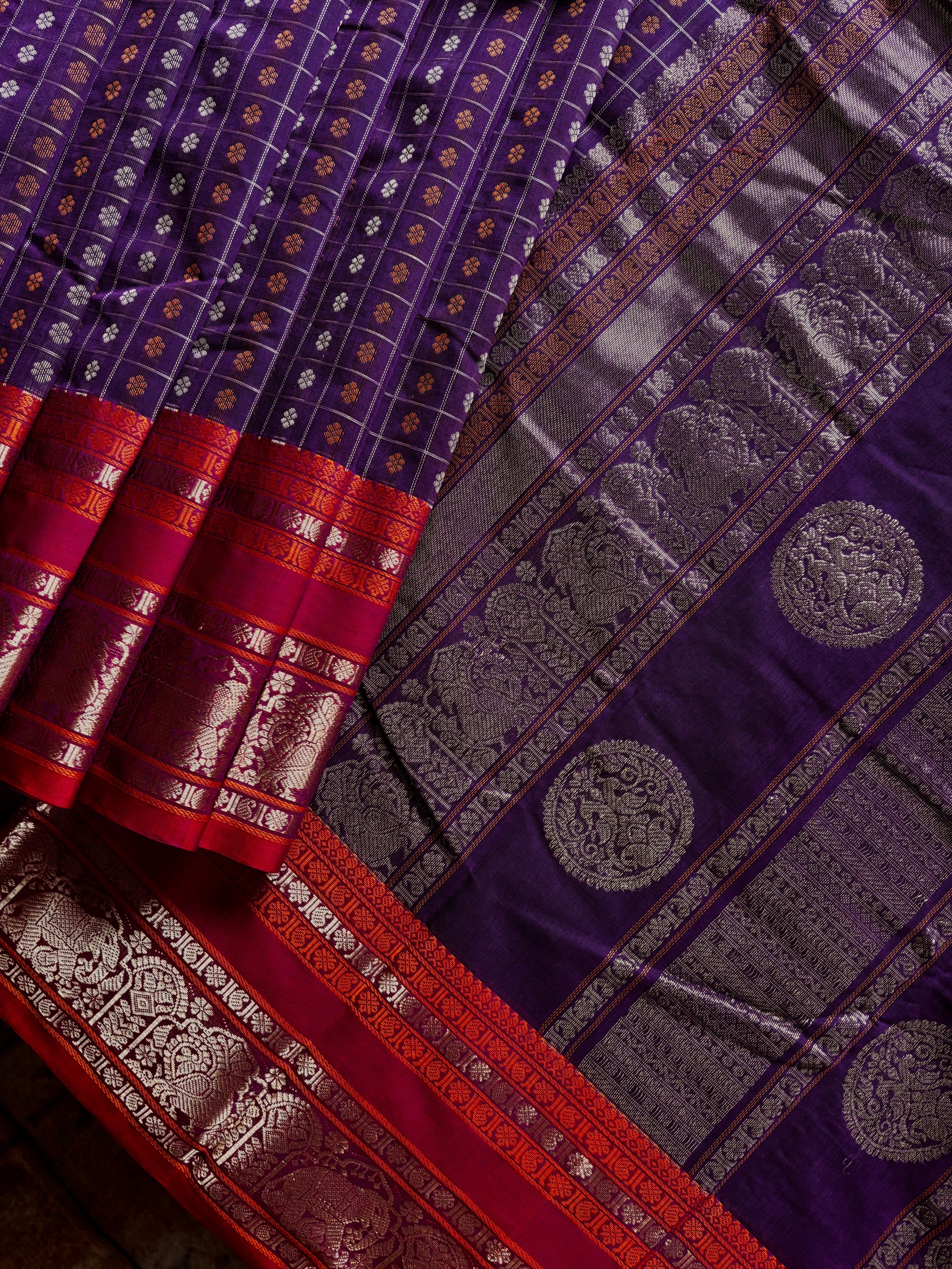 Handwoven Purple Colour Ayirum Butta Kanchipuram Cotton Saree