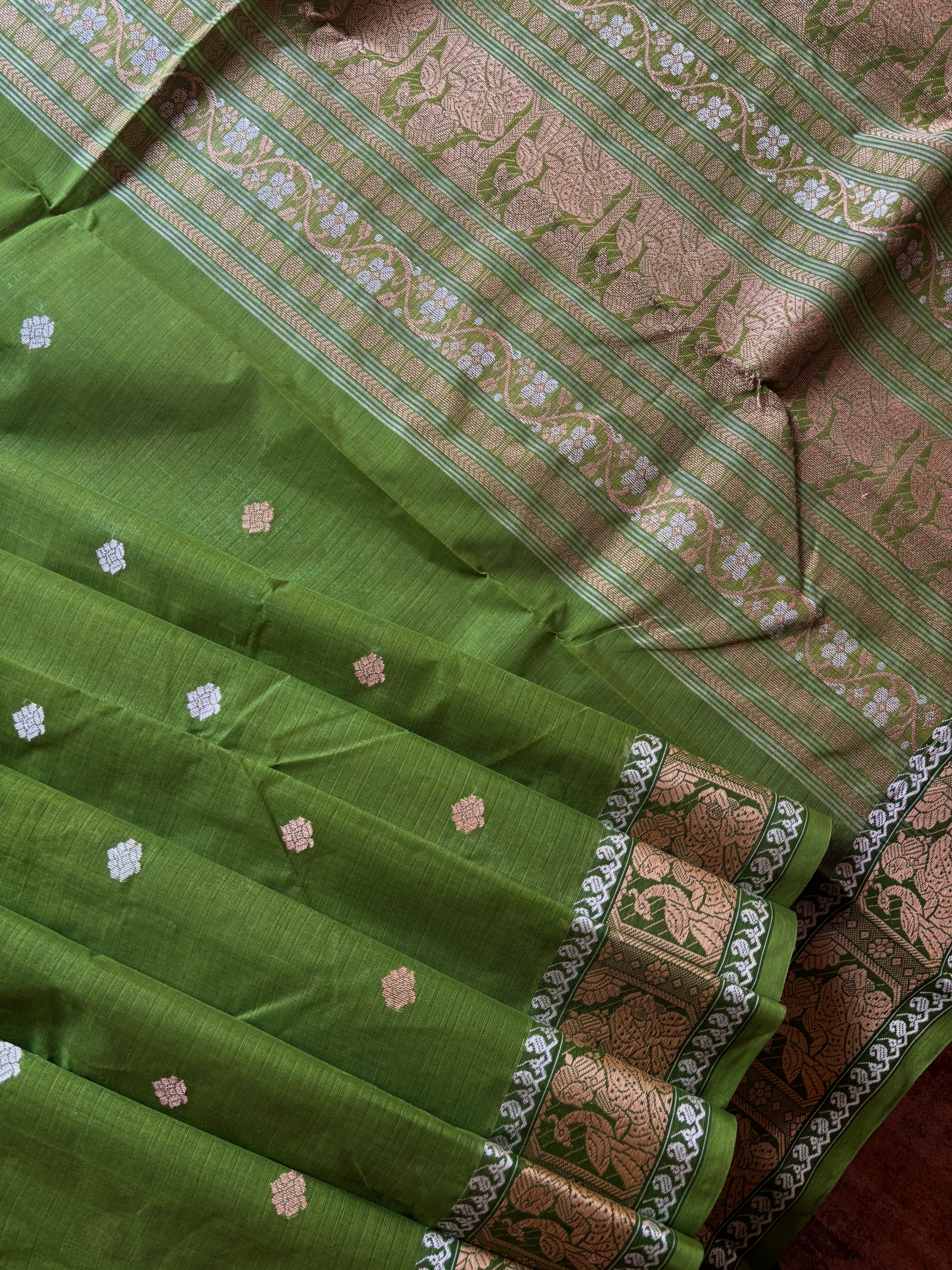 Handwoven Green Beige Cotton Baluchari Saree