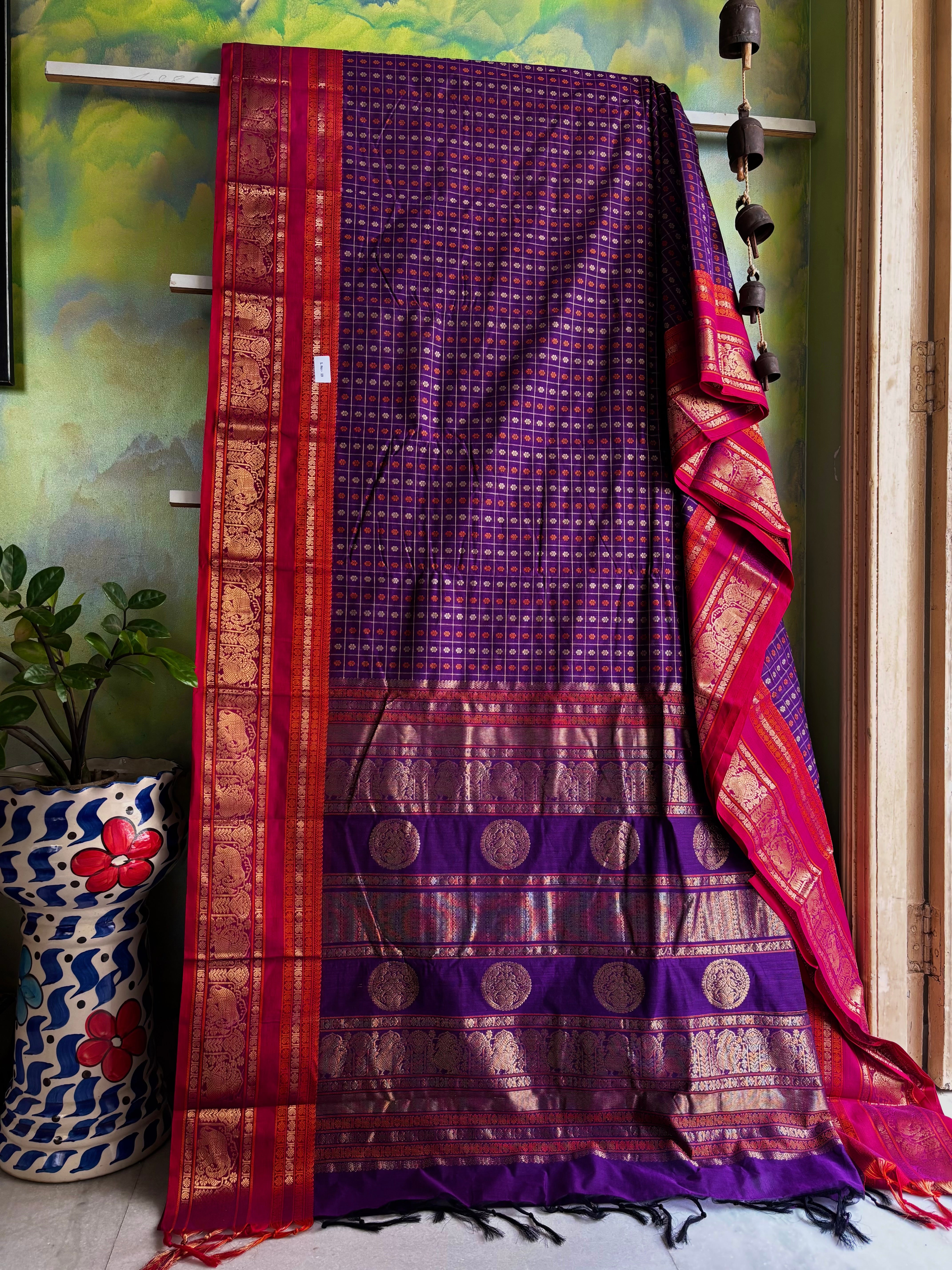 Handwoven Purple Colour Ayirum Butta Kanchipuram Cotton Saree
