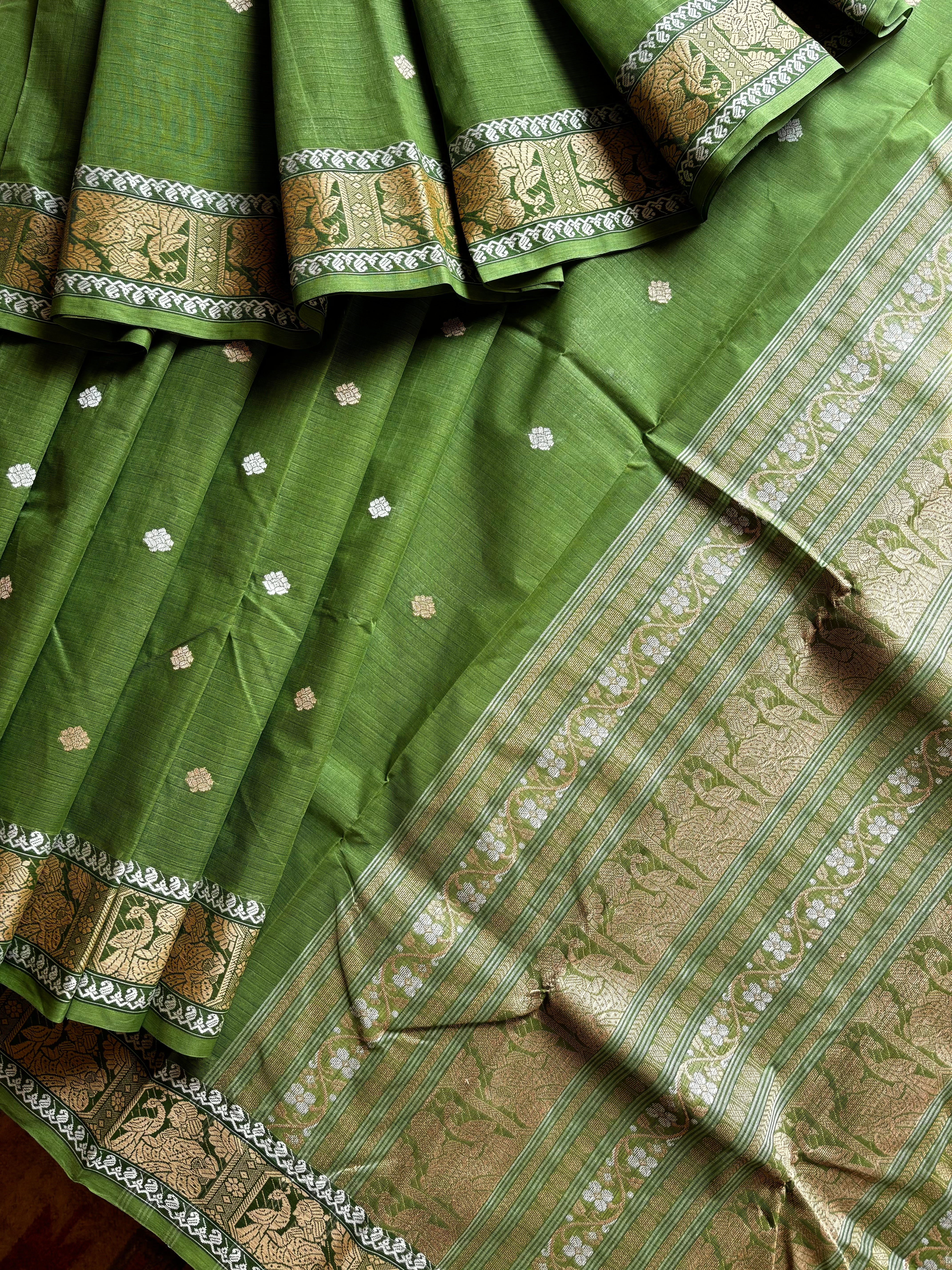 Handwoven Green Beige Cotton Baluchari Saree