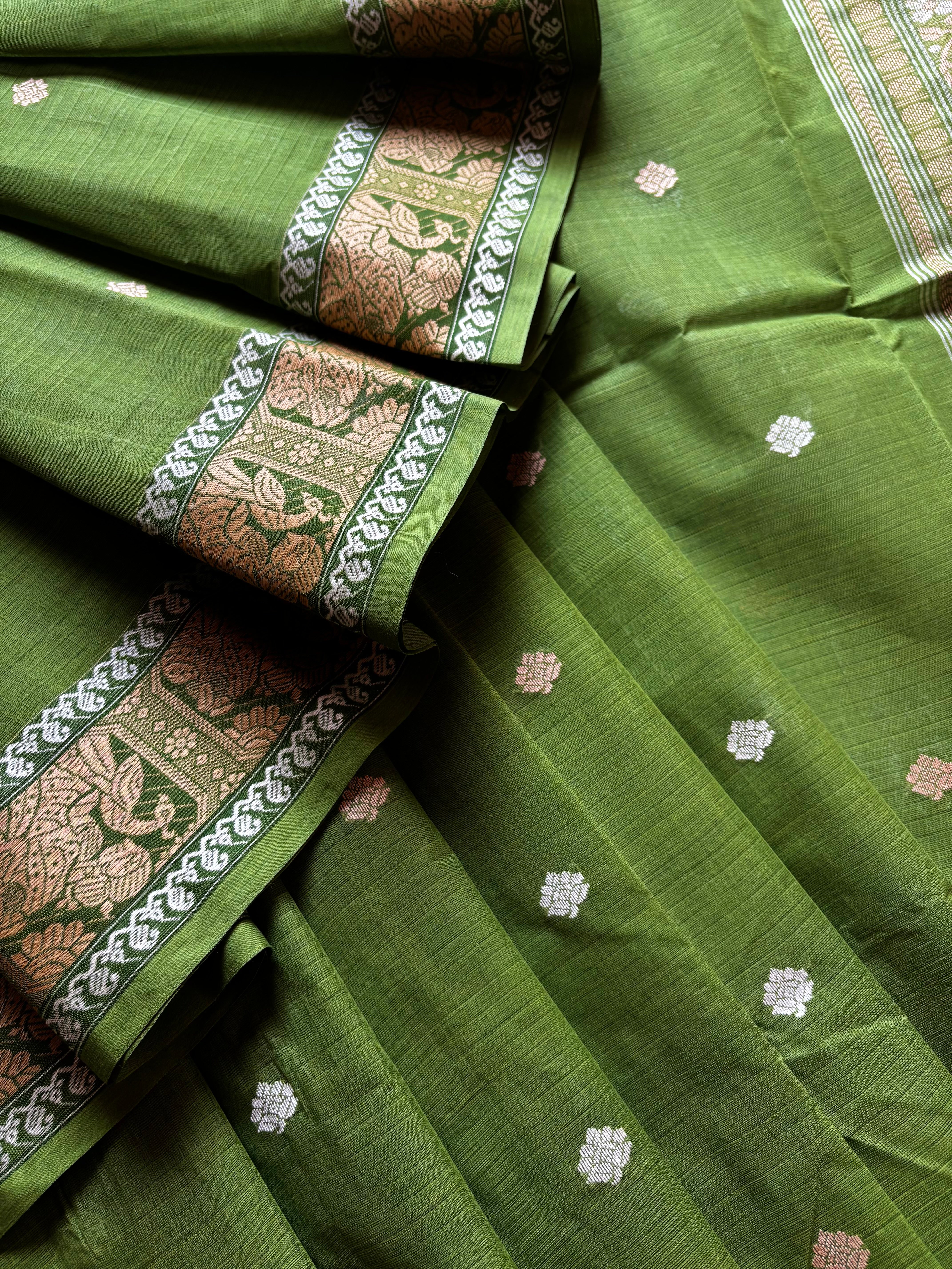 Handwoven Green Beige Cotton Baluchari Saree