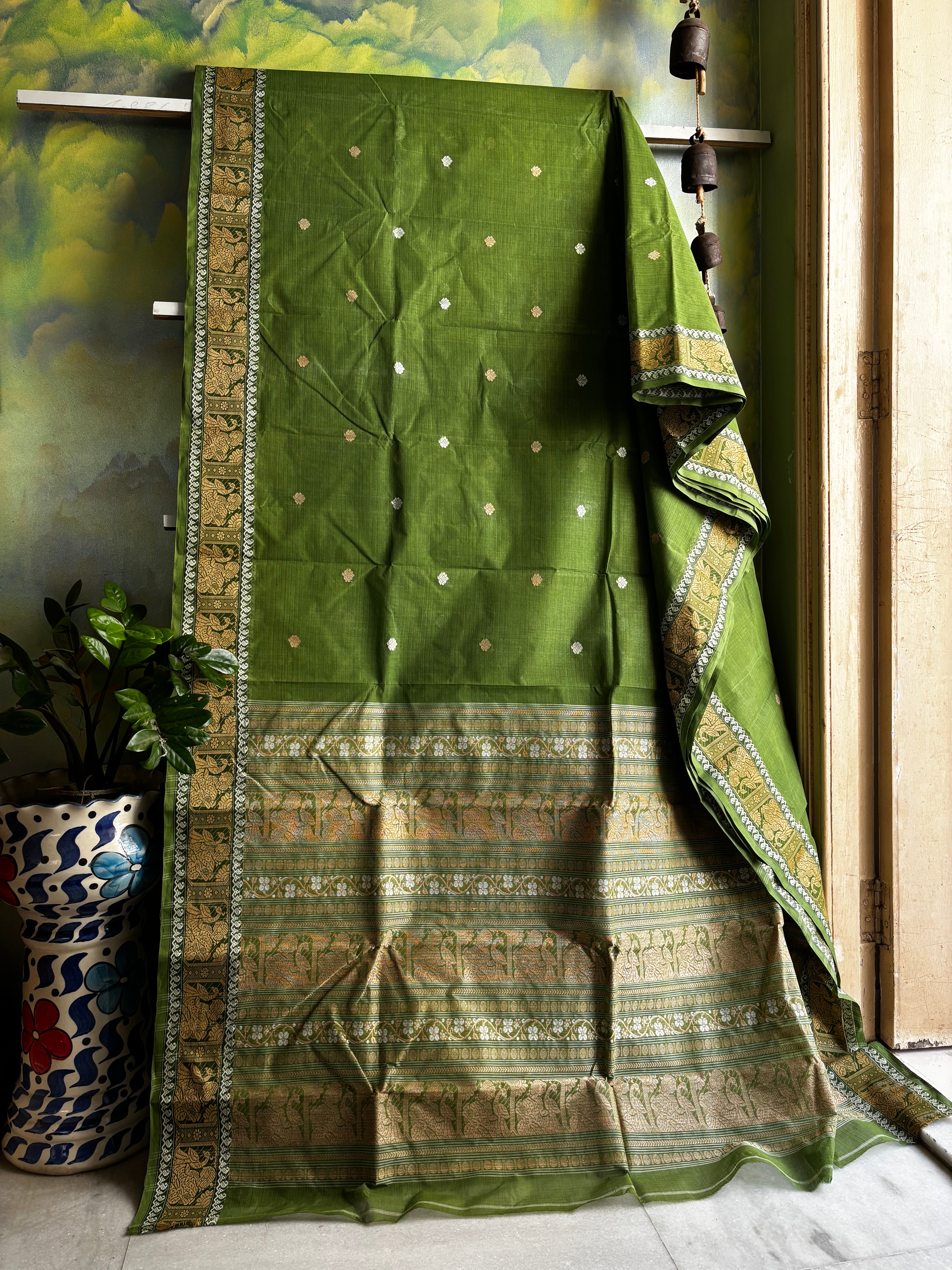 Handwoven Green Beige Cotton Baluchari Saree