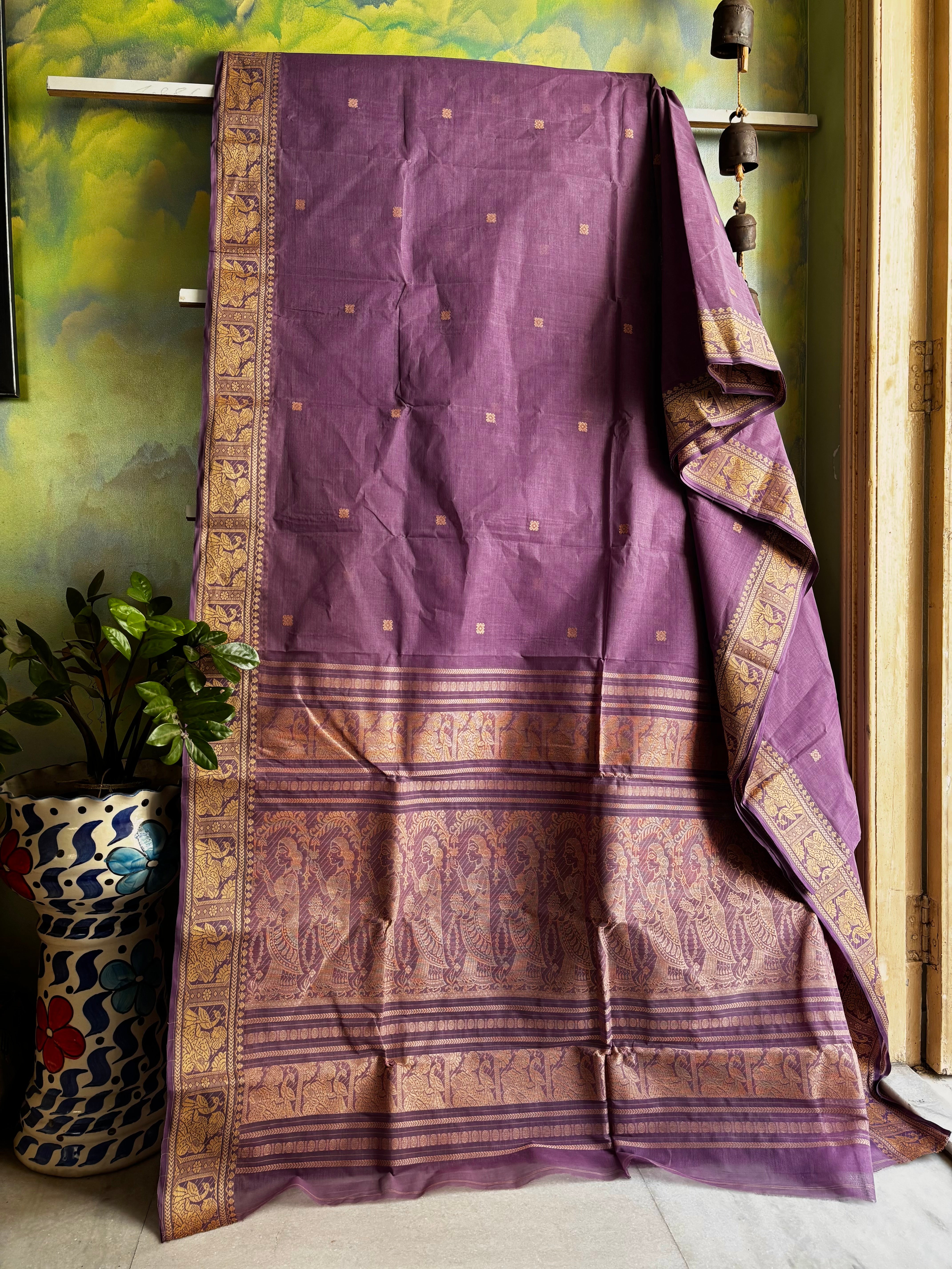 Handwoven Mauve Colour Cotton Baluchari Saree
