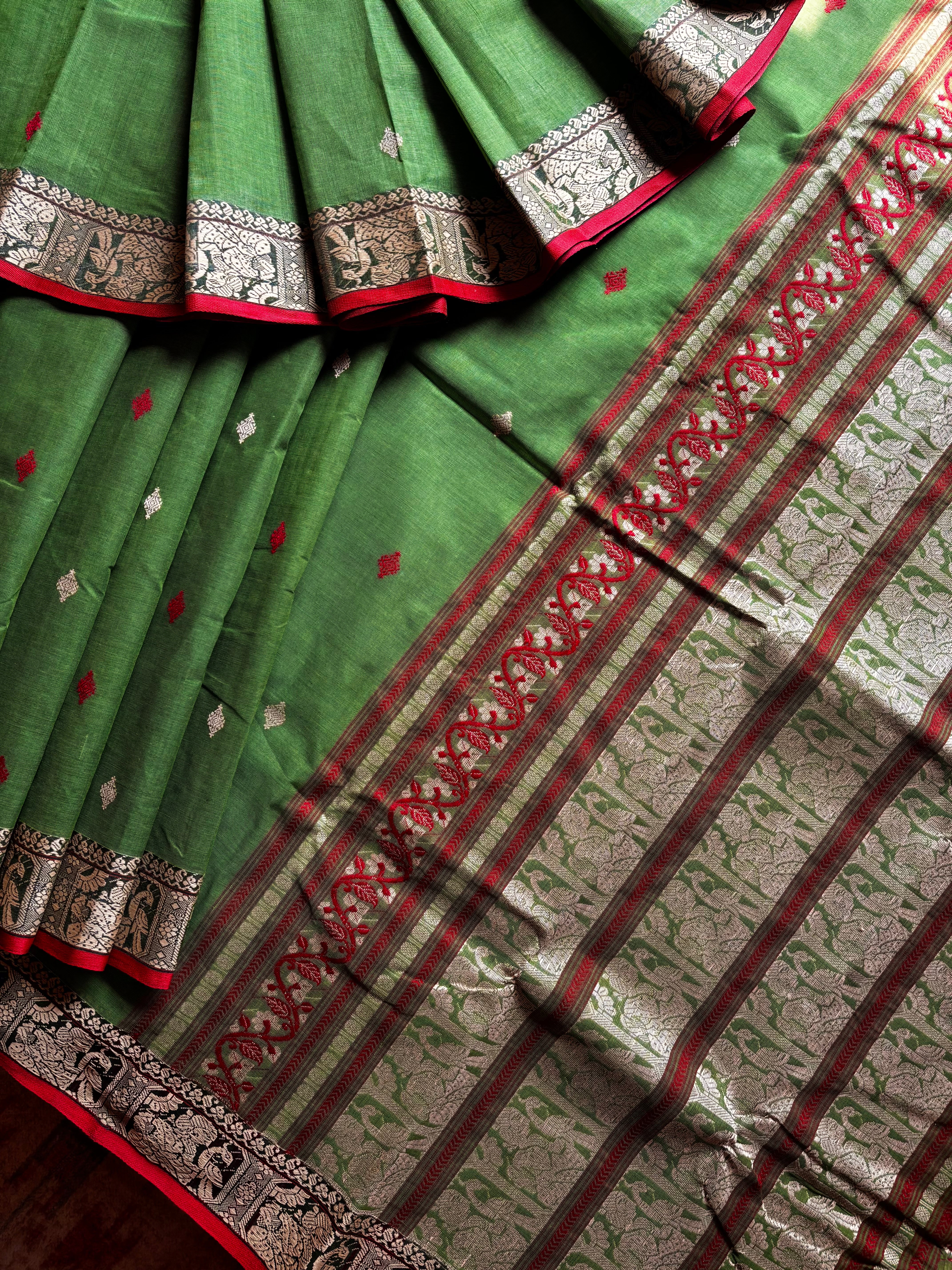 Handwoven Green Red Cotton Baluchari Saree