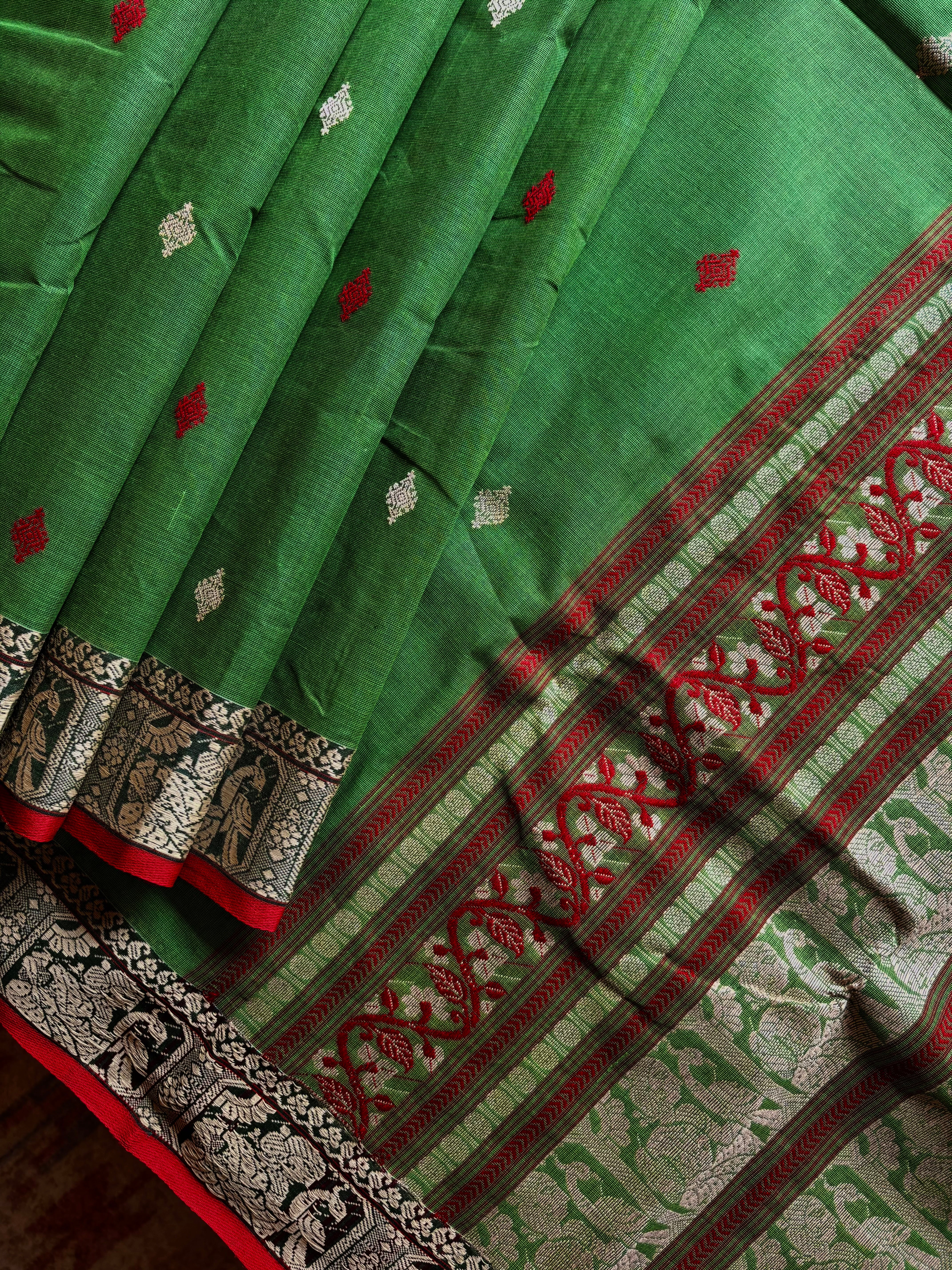Handwoven Green Red Cotton Baluchari Saree