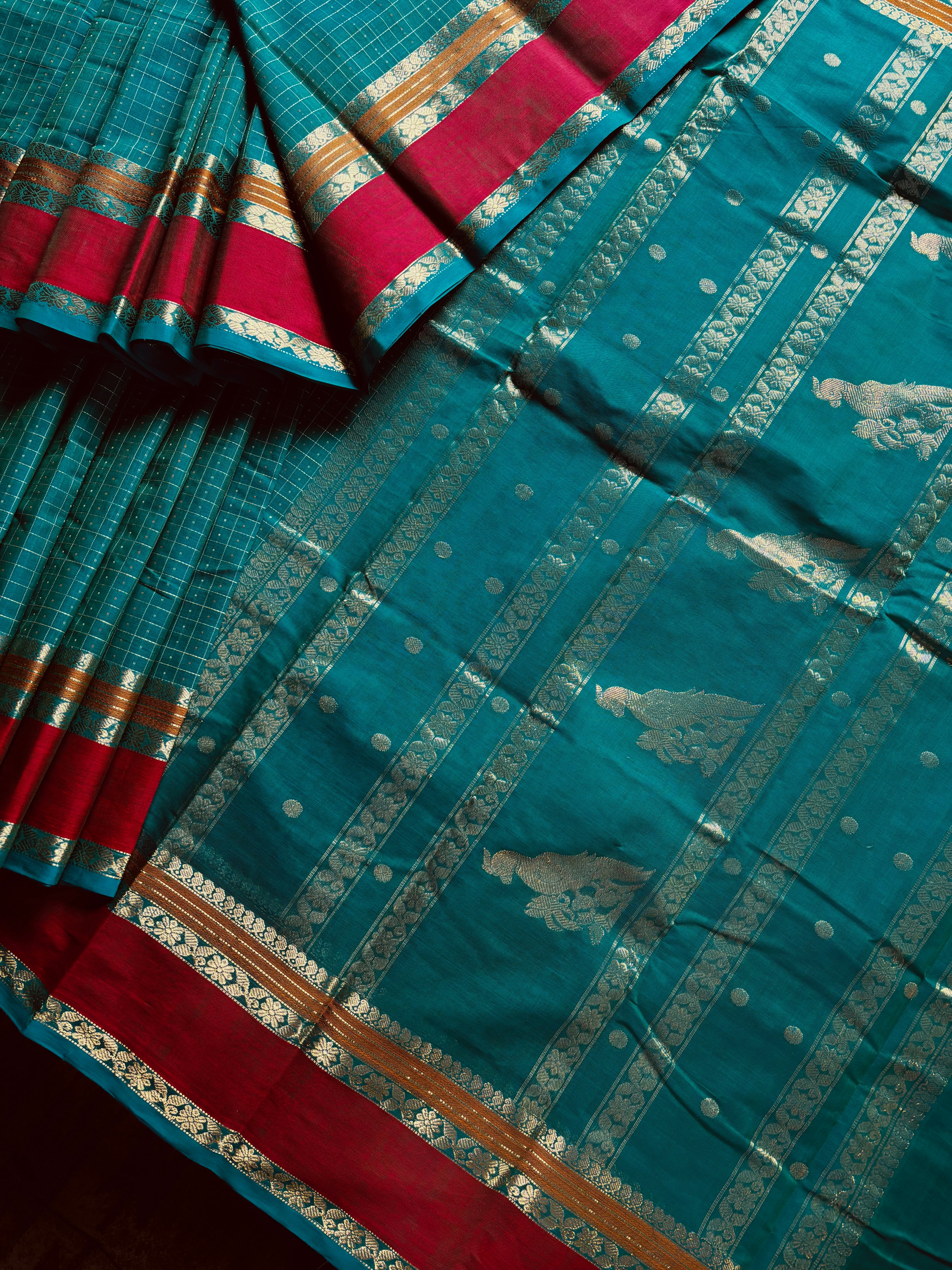 Handwoven Turquoise Green Colour Kanchipuram Cotton Saree