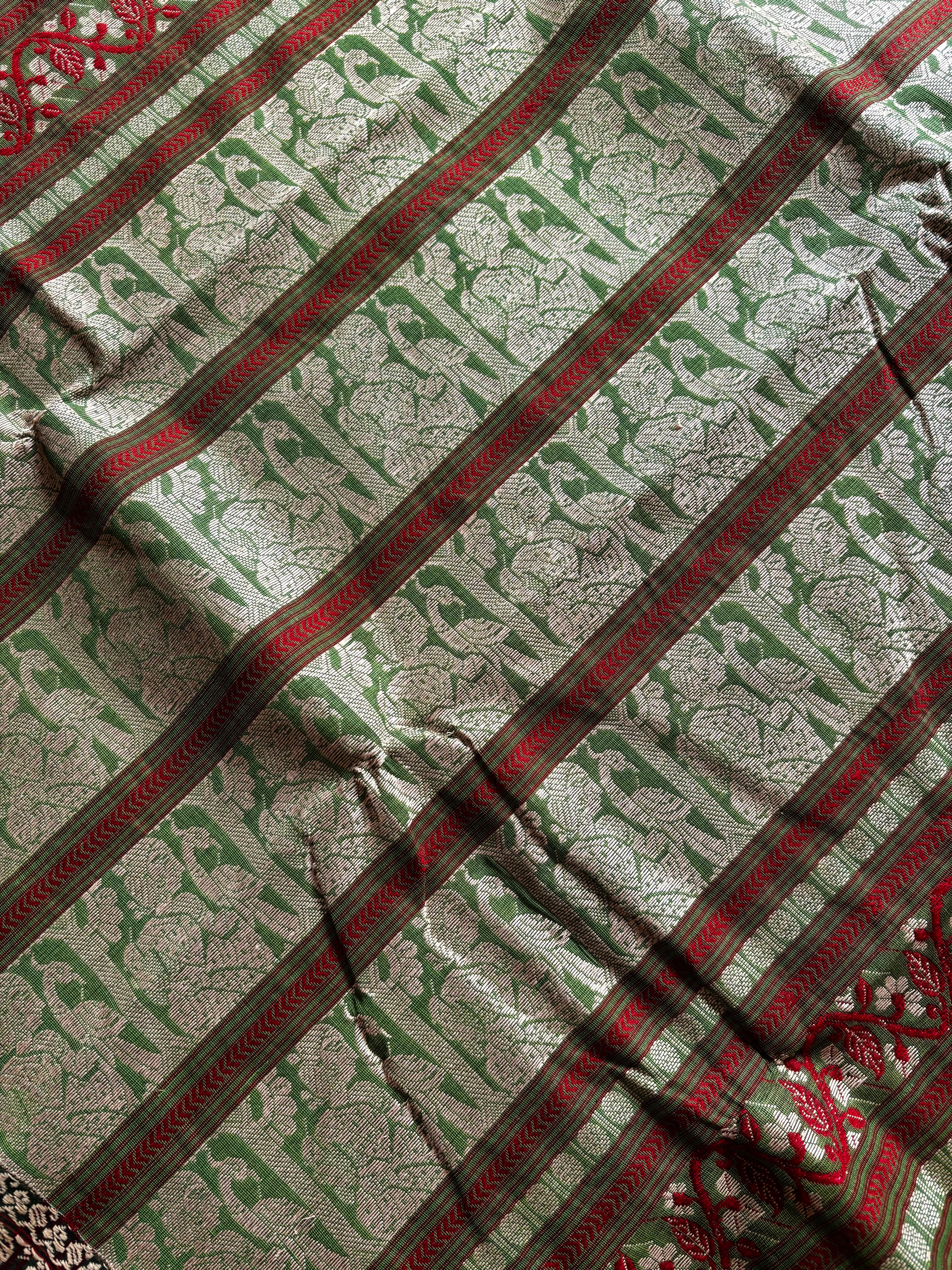 Handwoven Green Red Cotton Baluchari Saree