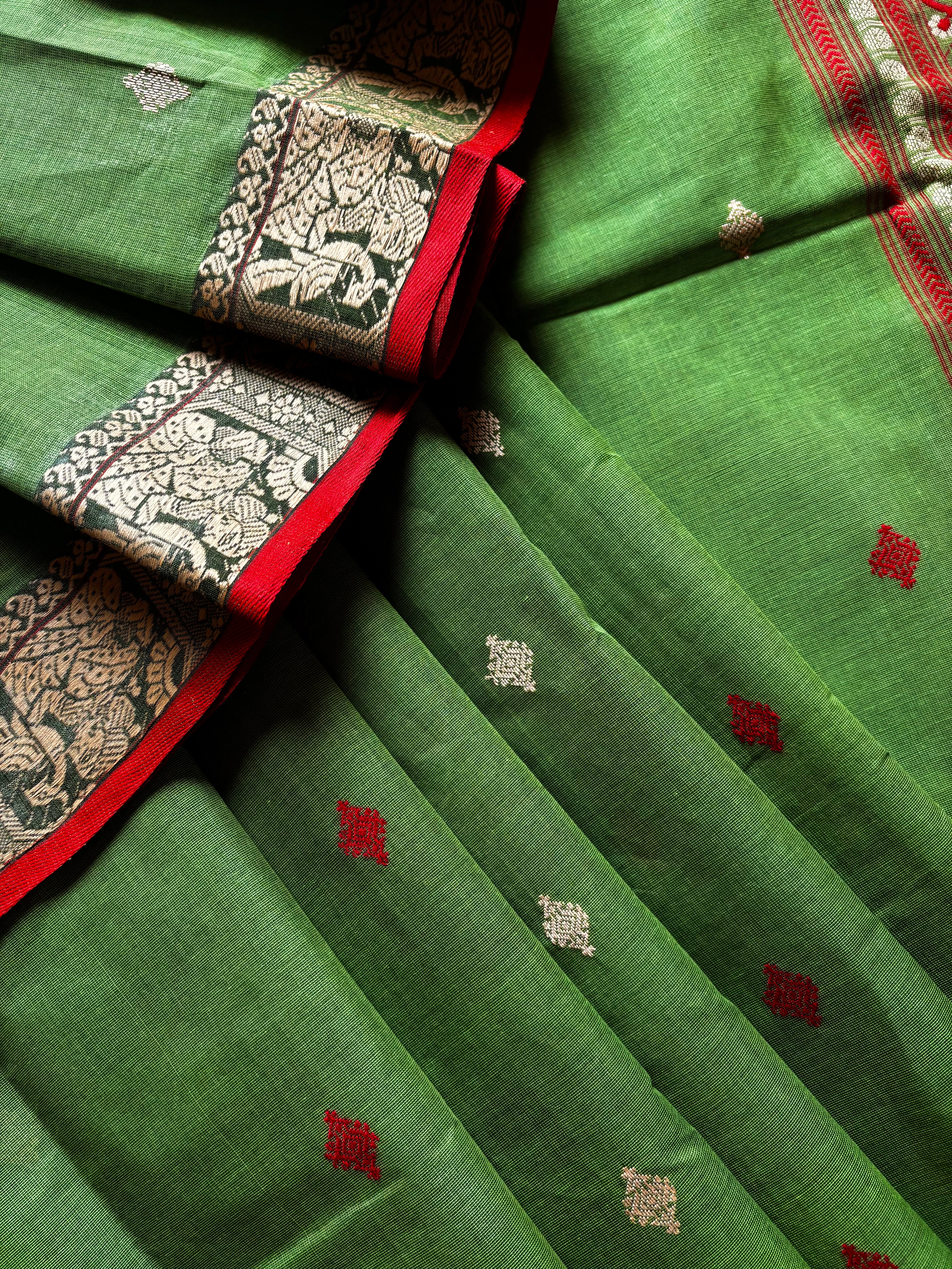 Handwoven Green Red Cotton Baluchari Saree