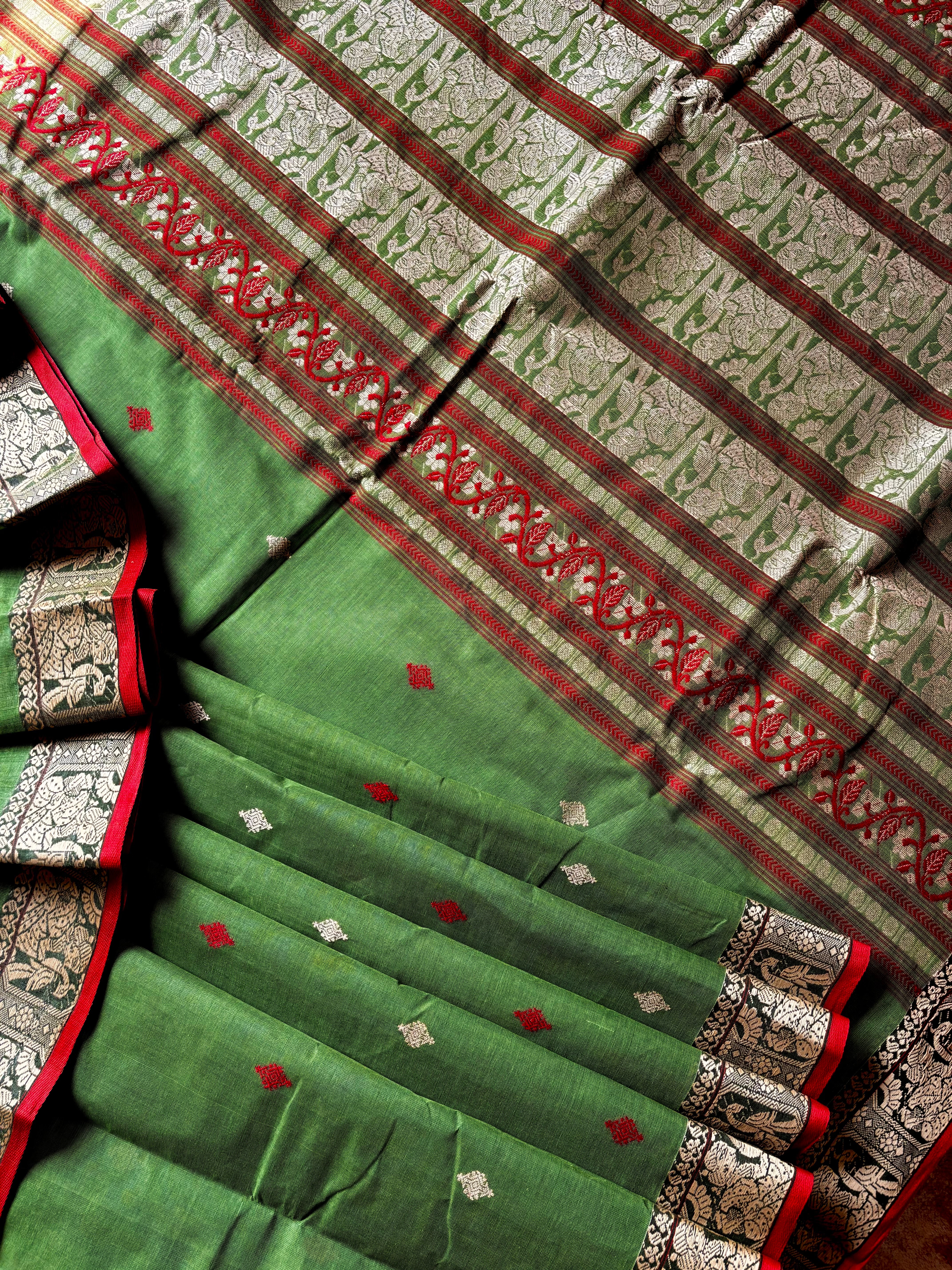 Handwoven Green Red Cotton Baluchari Saree