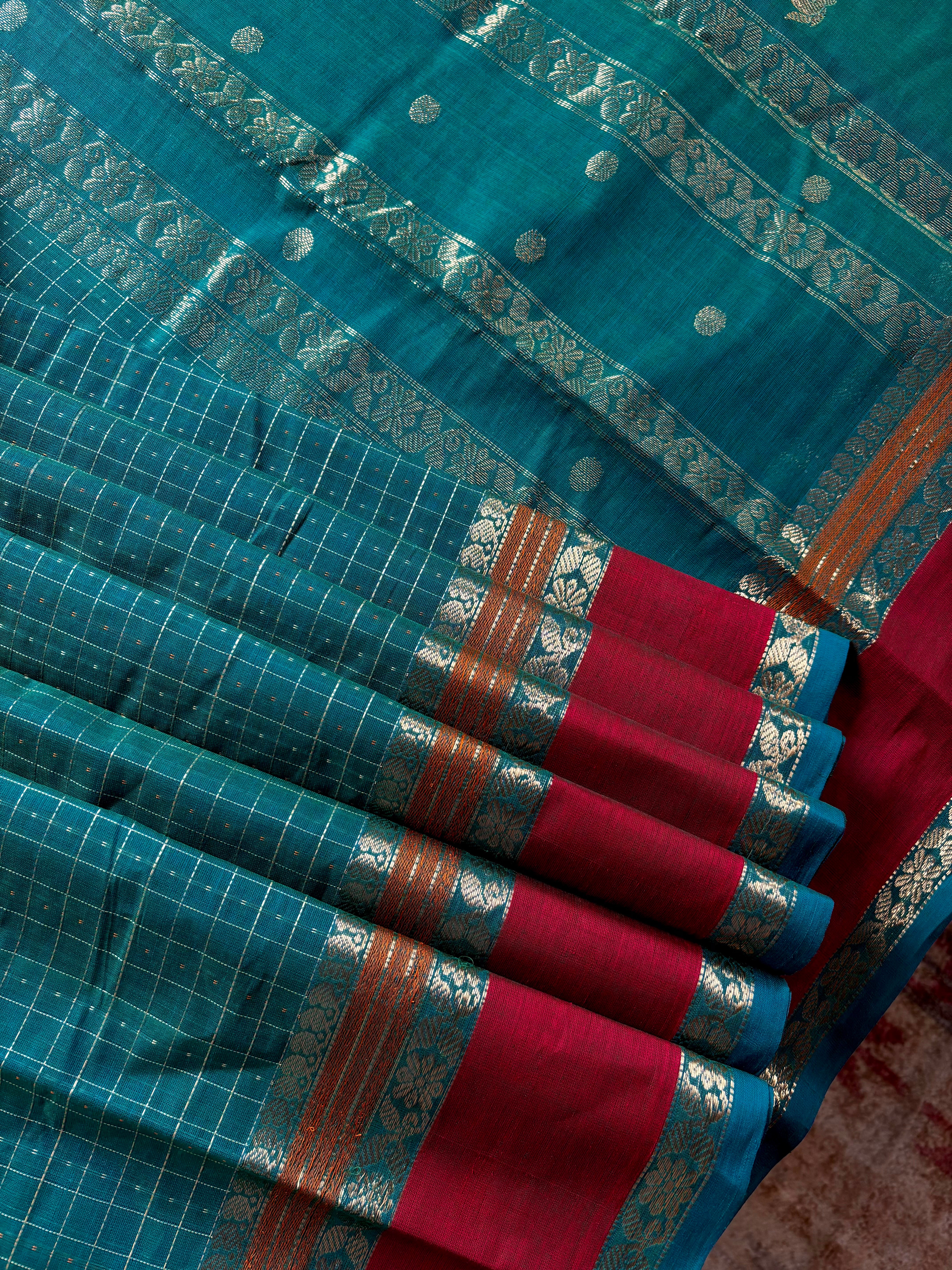Handwoven Turquoise Green Colour Kanchipuram Cotton Saree