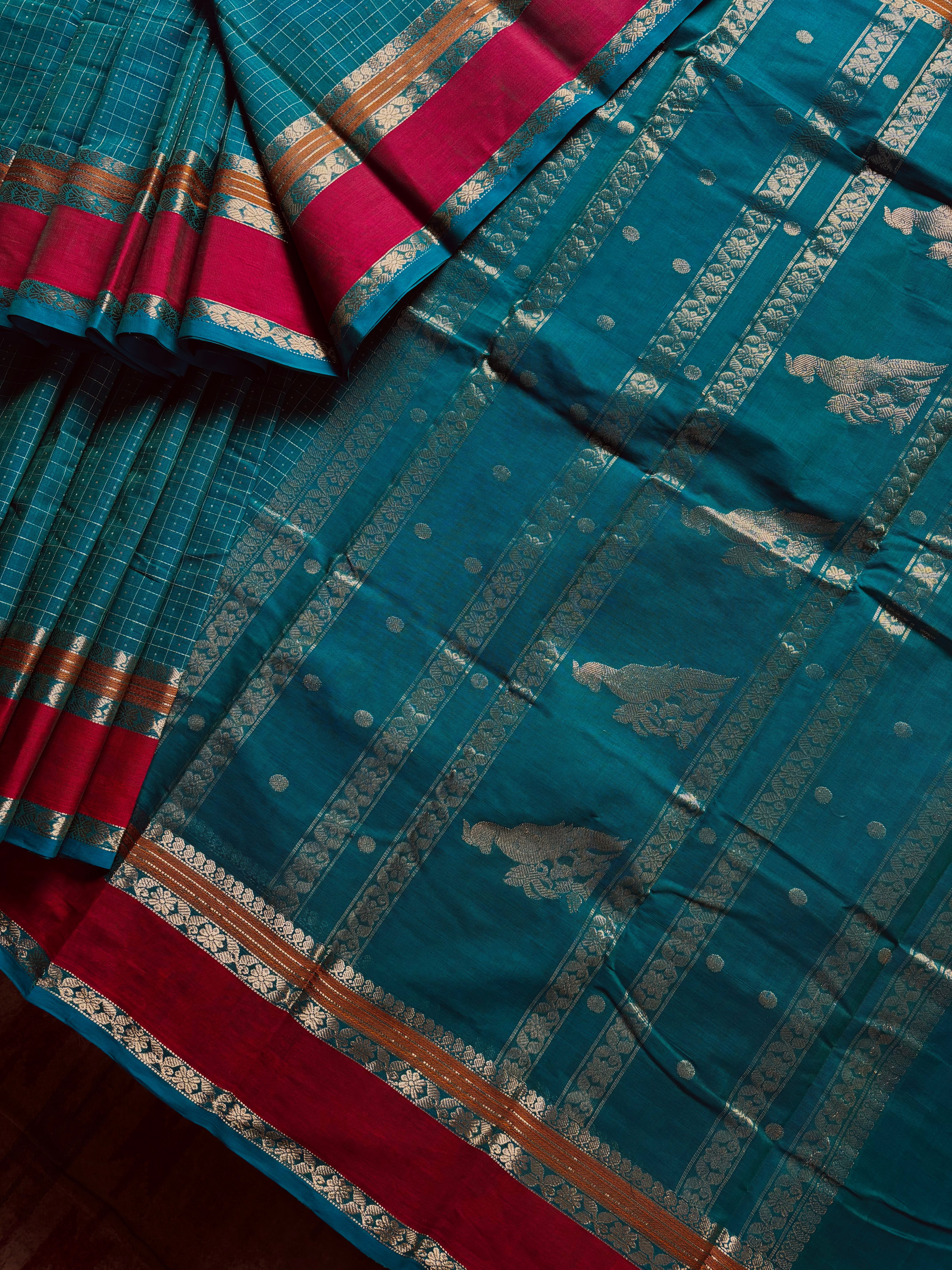 Handwoven Turquoise Green Colour Kanchipuram Cotton Saree