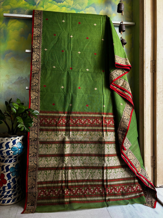 Handwoven Green Red Cotton Baluchari Saree