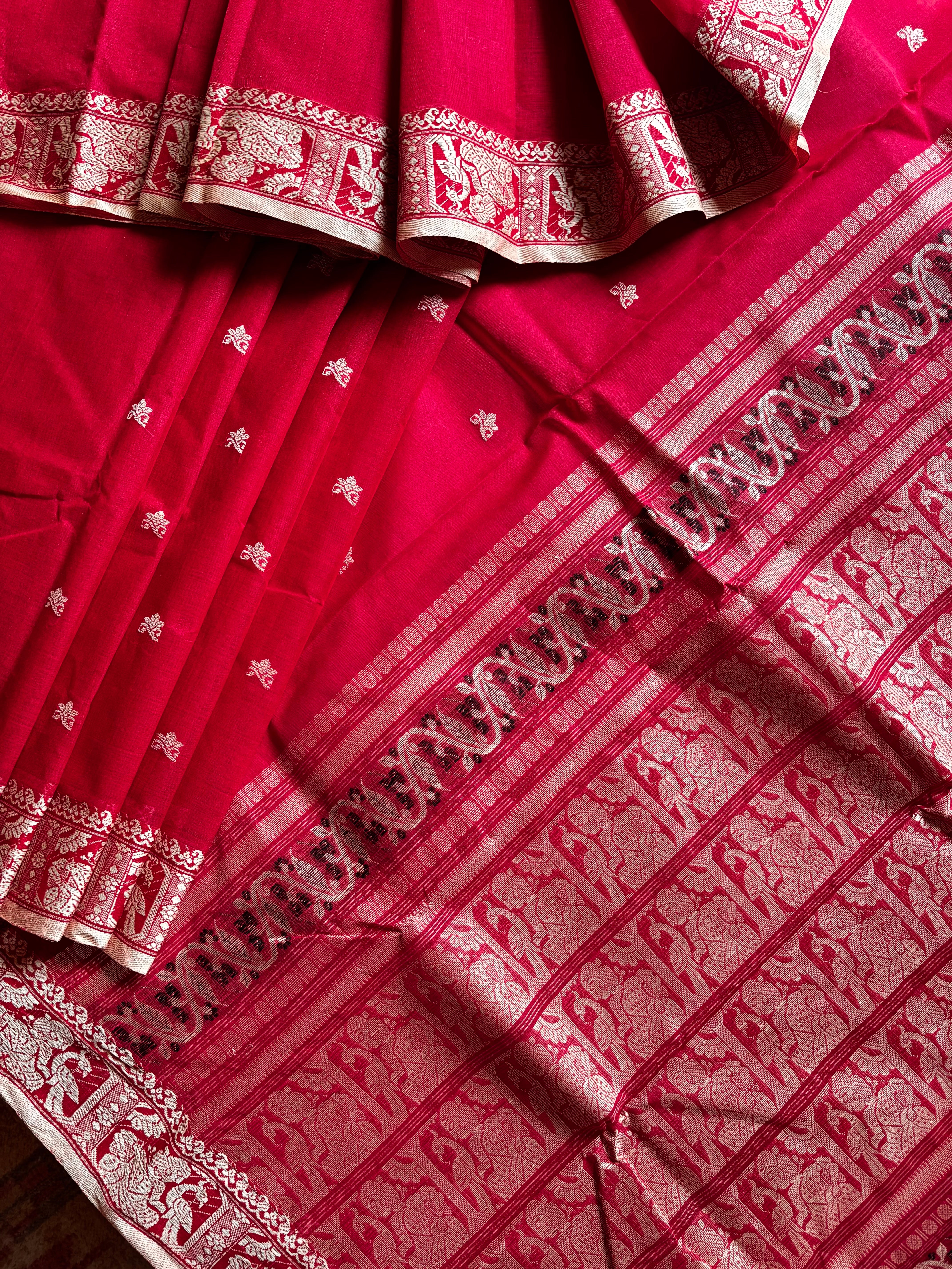 Handwoven Red Colour Cotton Baluchari Saree