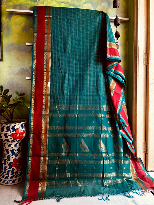 Handwoven Turquoise Green Colour Kanchipuram Cotton Saree