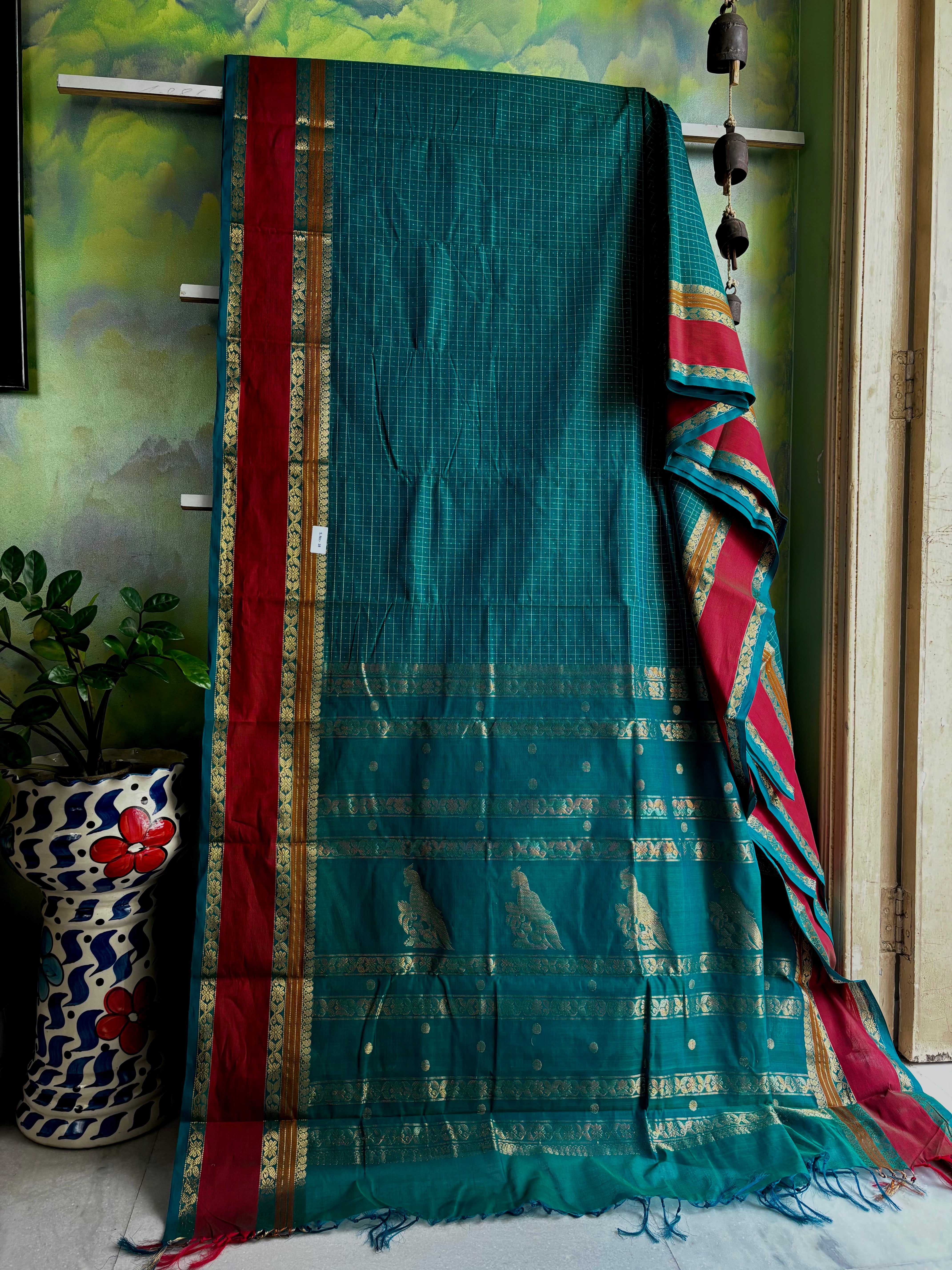 Handwoven Turquoise Green Colour Kanchipuram Cotton Saree