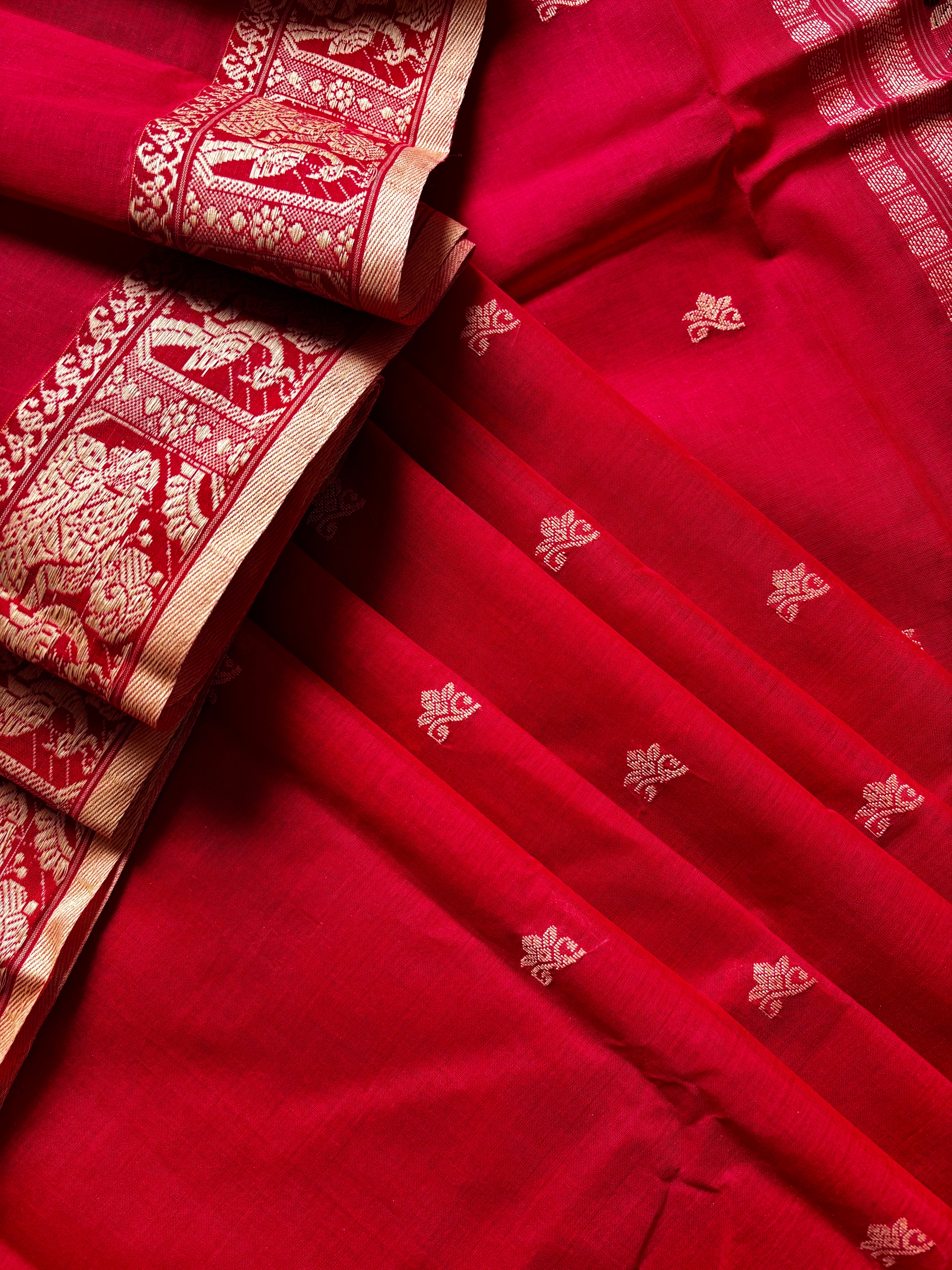 Handwoven Red Colour Cotton Baluchari Saree