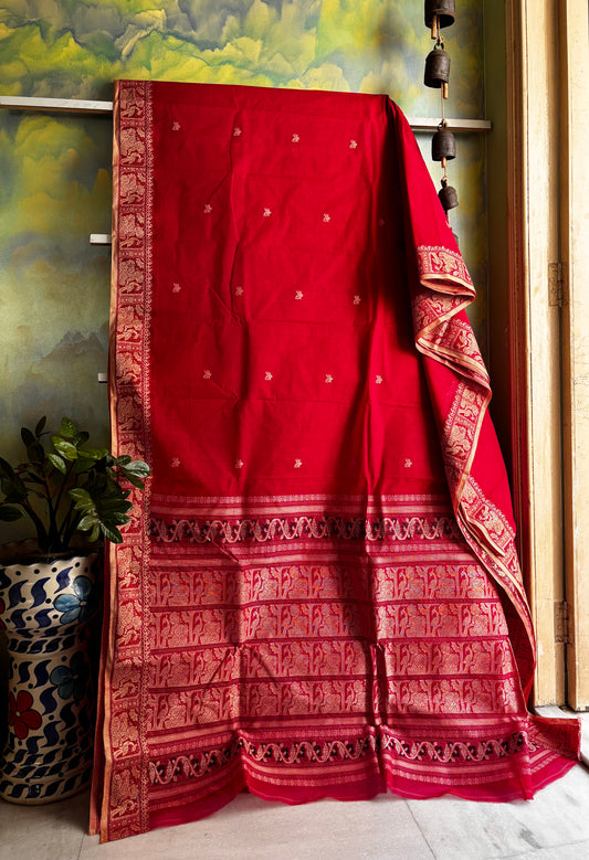 Handwoven Red Colour Cotton Baluchari Saree