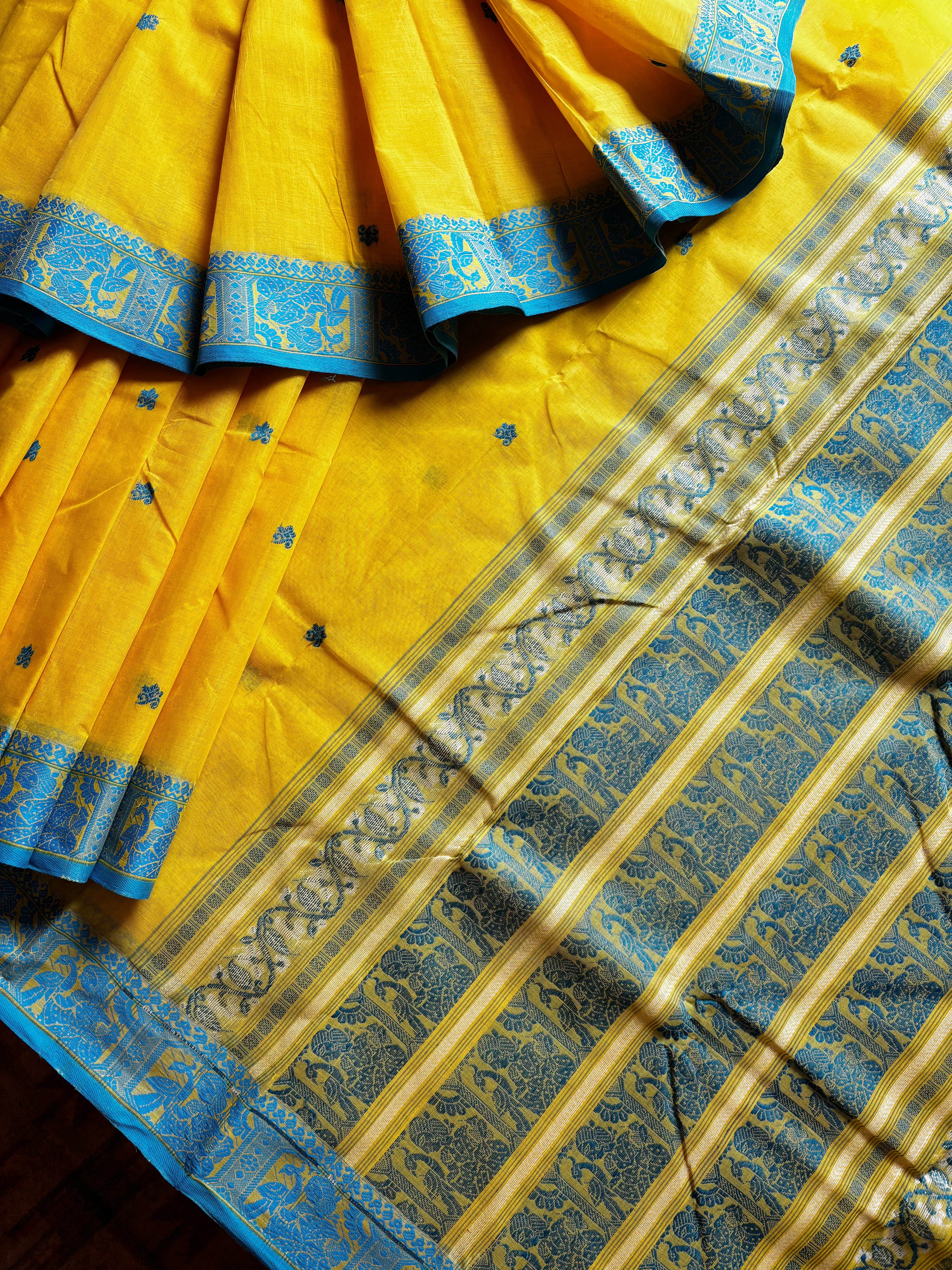 Handwoven Lemon Yellow Blue Cotton Baluchari Saree
