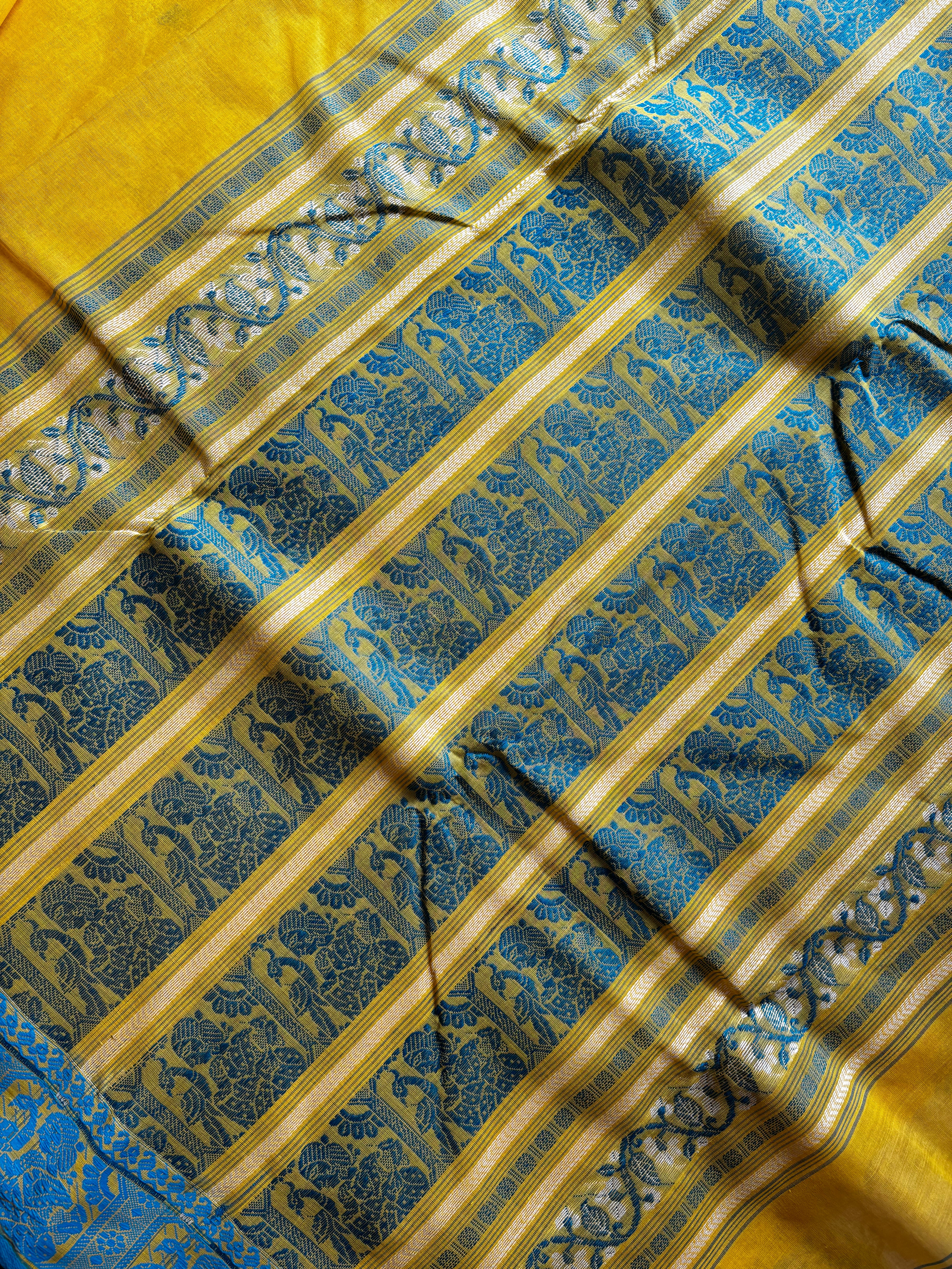 Handwoven Lemon Yellow Blue Cotton Baluchari Saree